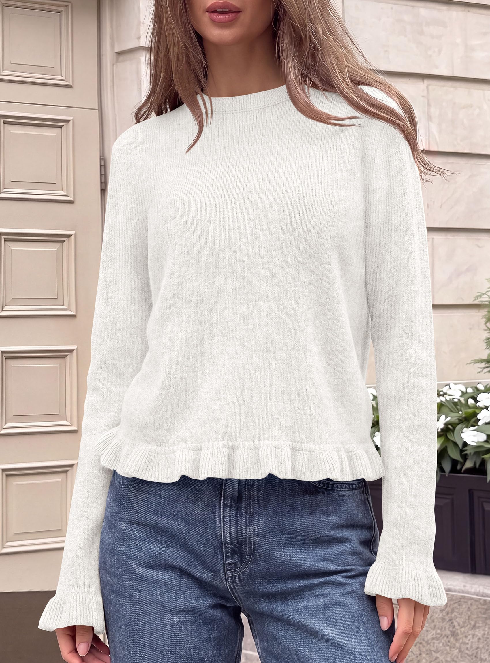 Women's Ruffle Sweaters Fall Fashion Cozy Knit Pullover White