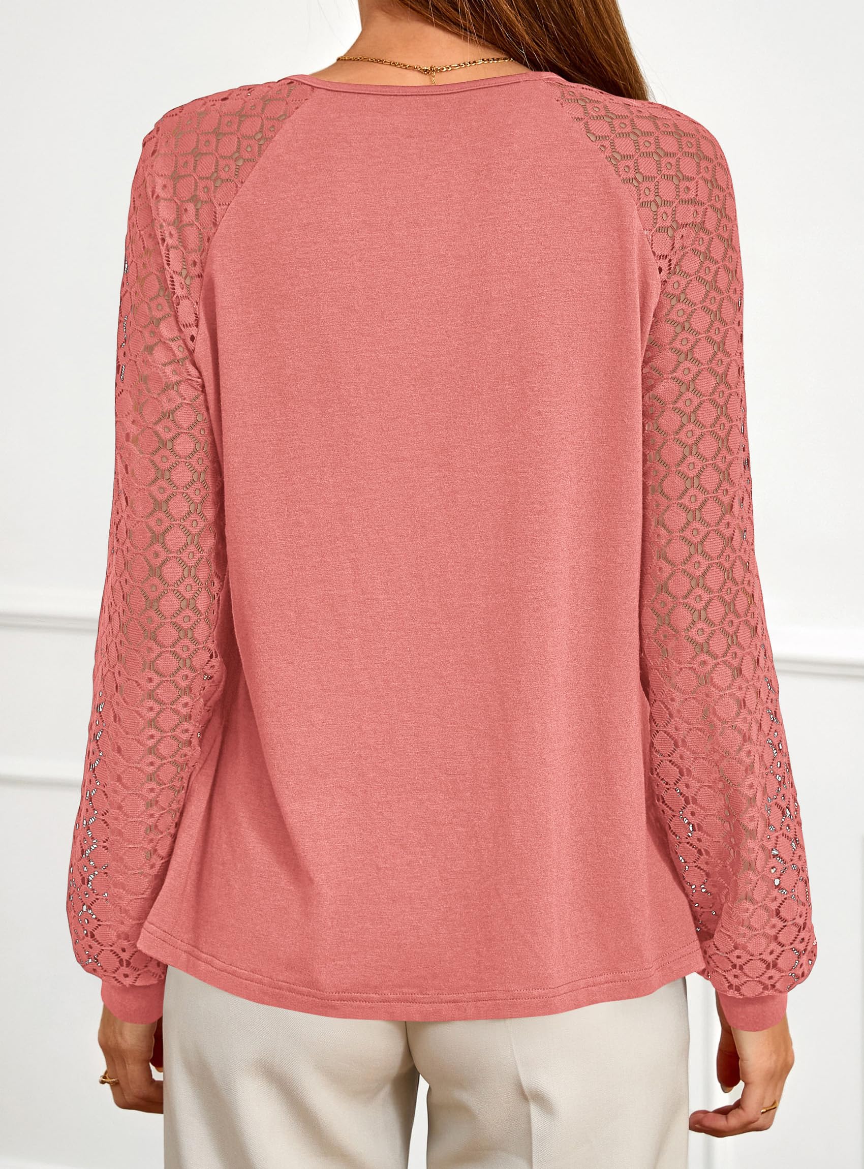 Women's Long Sleeve Shirts Fall Lace Tops,Coral Pink,S