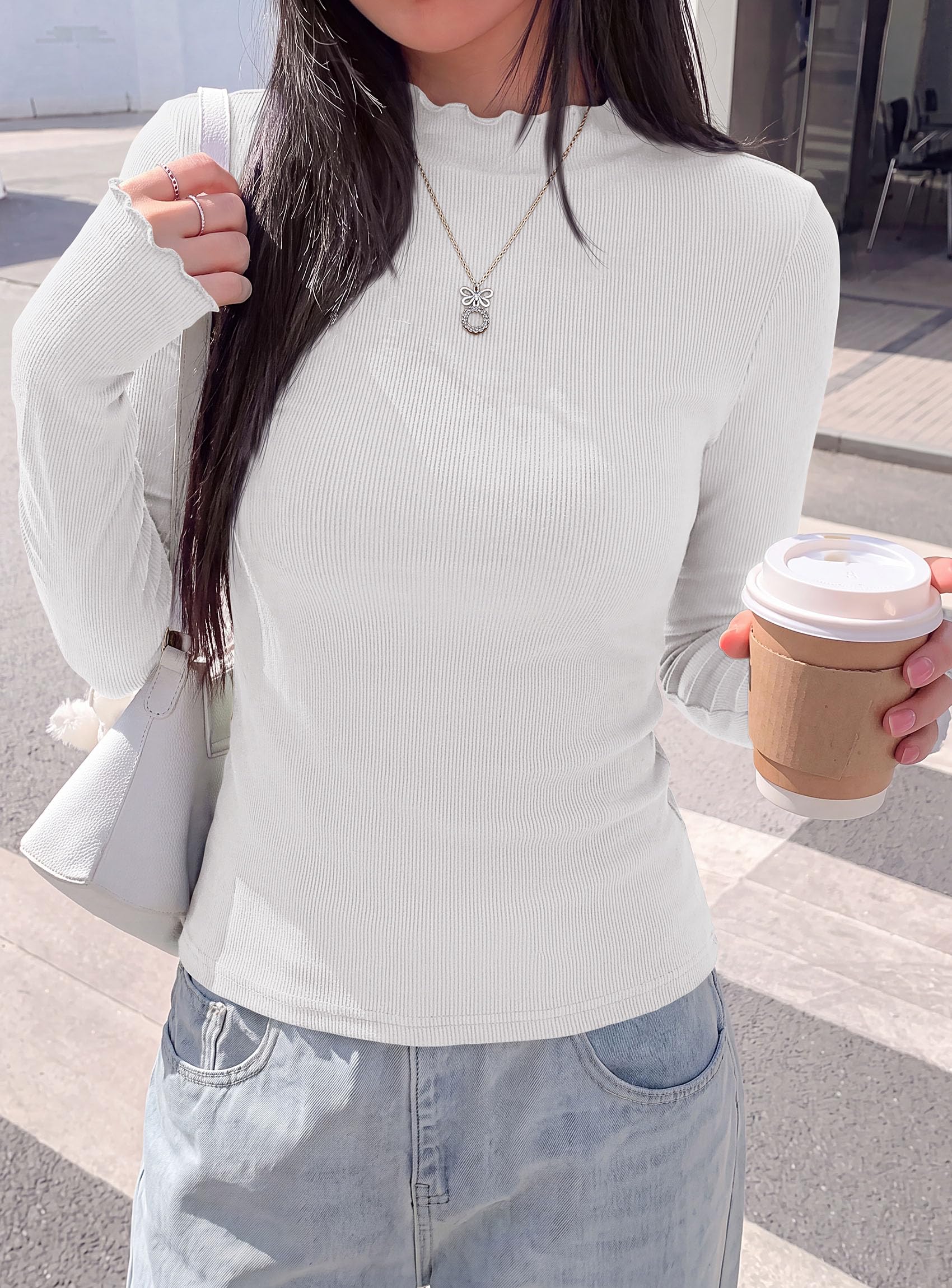 Women's Long Sleeve T Shirts Lettuce Trim Mock Neck Tops White
