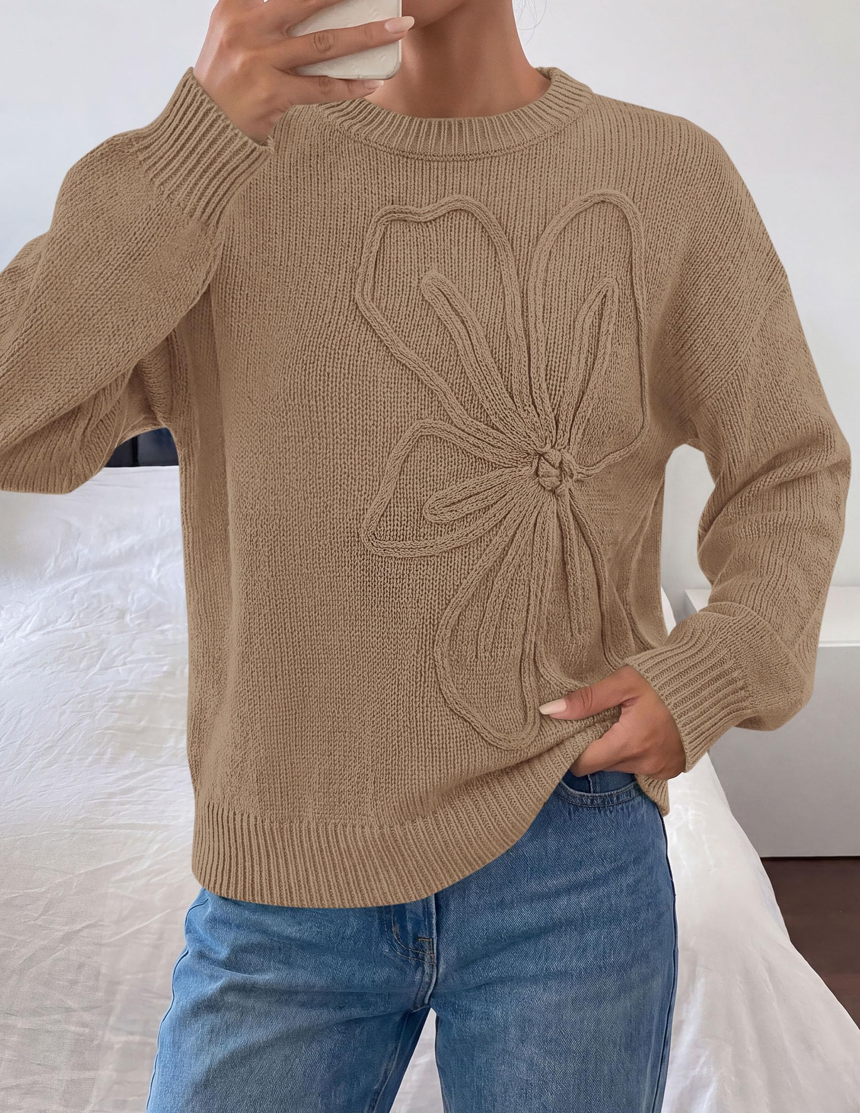Women's Oversized 3D Floral Knit Sweater,Grey Khaki,S