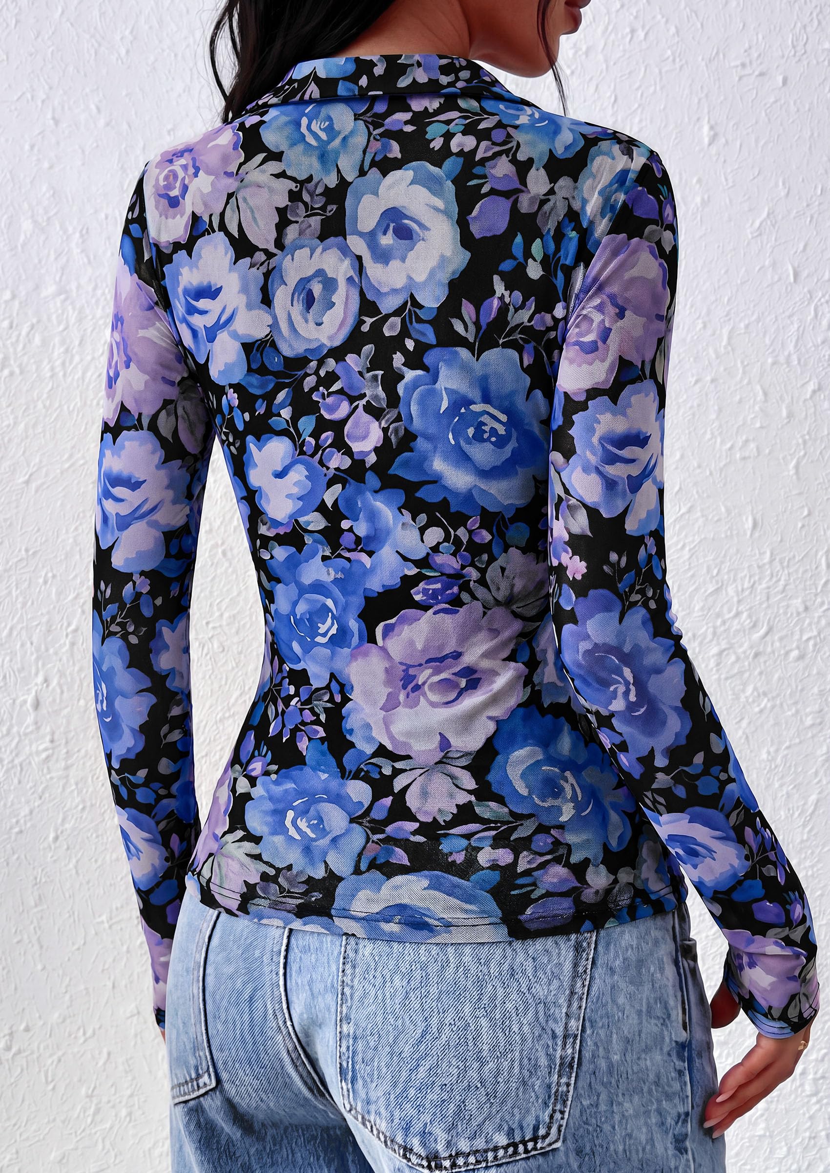 Women's Long Sleeve Boho Floral Mesh Tops Fall V Neck Blouses
