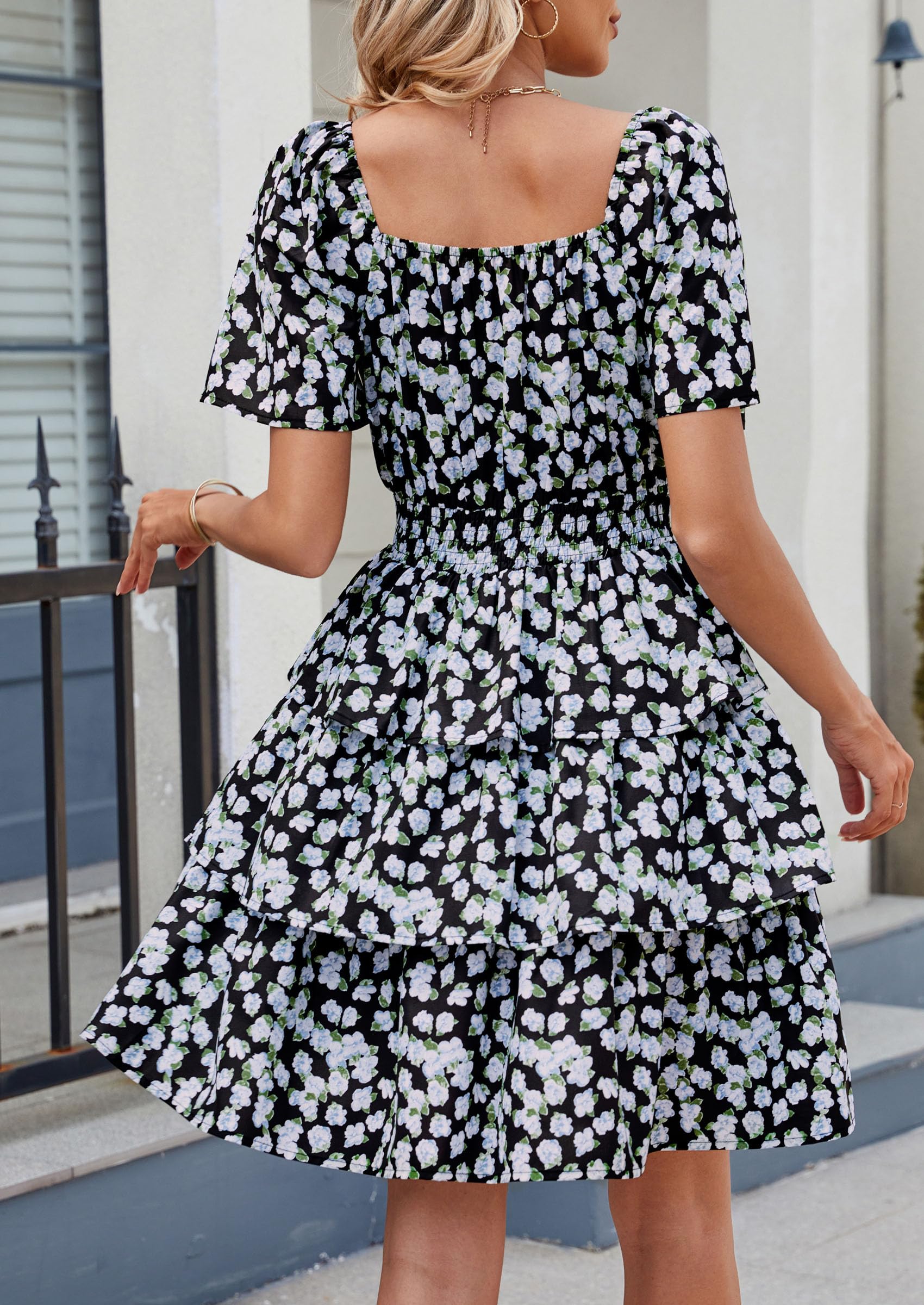 Women's 2025 Floral Summer Short Dress Square Neck Short Sleeve Tiered Ruffle Boho Swing Dresses (Black Blue Floral,Small)