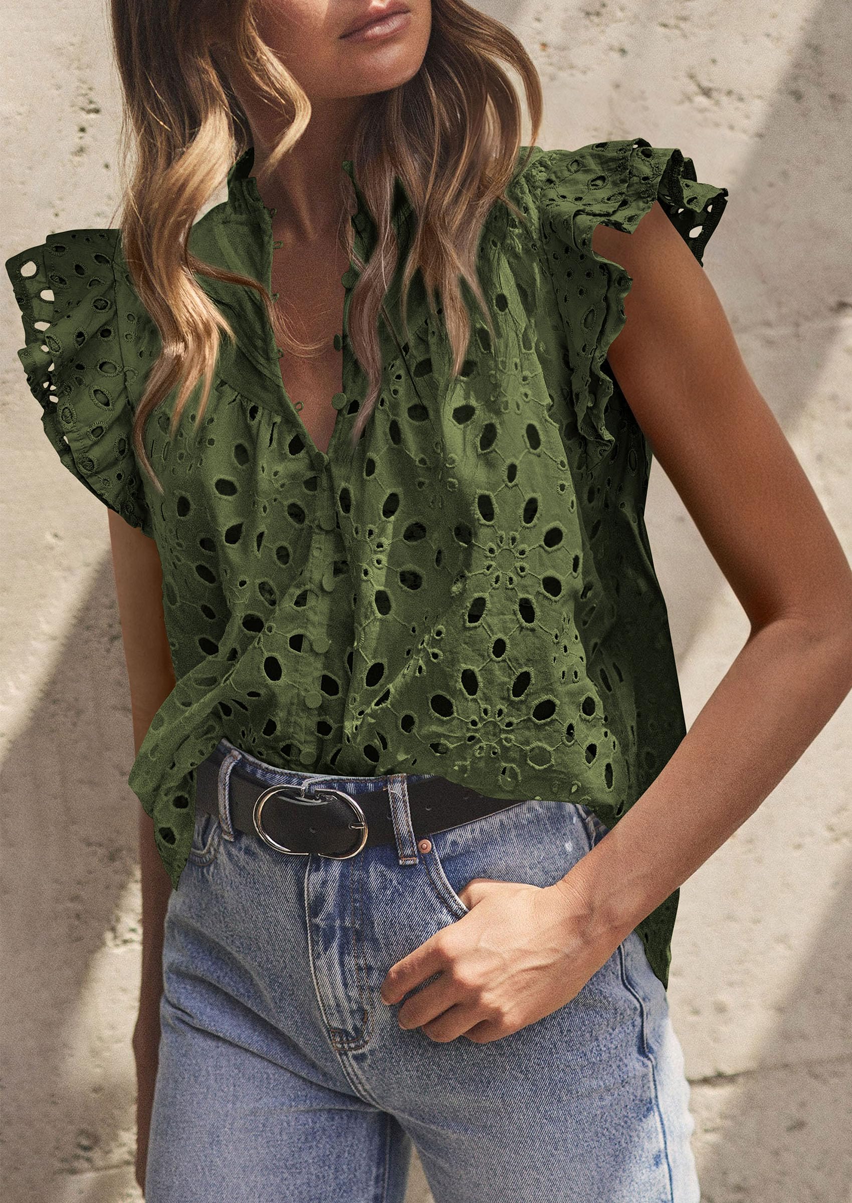 Women's Eyelet V Neck Summer Tops Dressy Casual Army Green,L