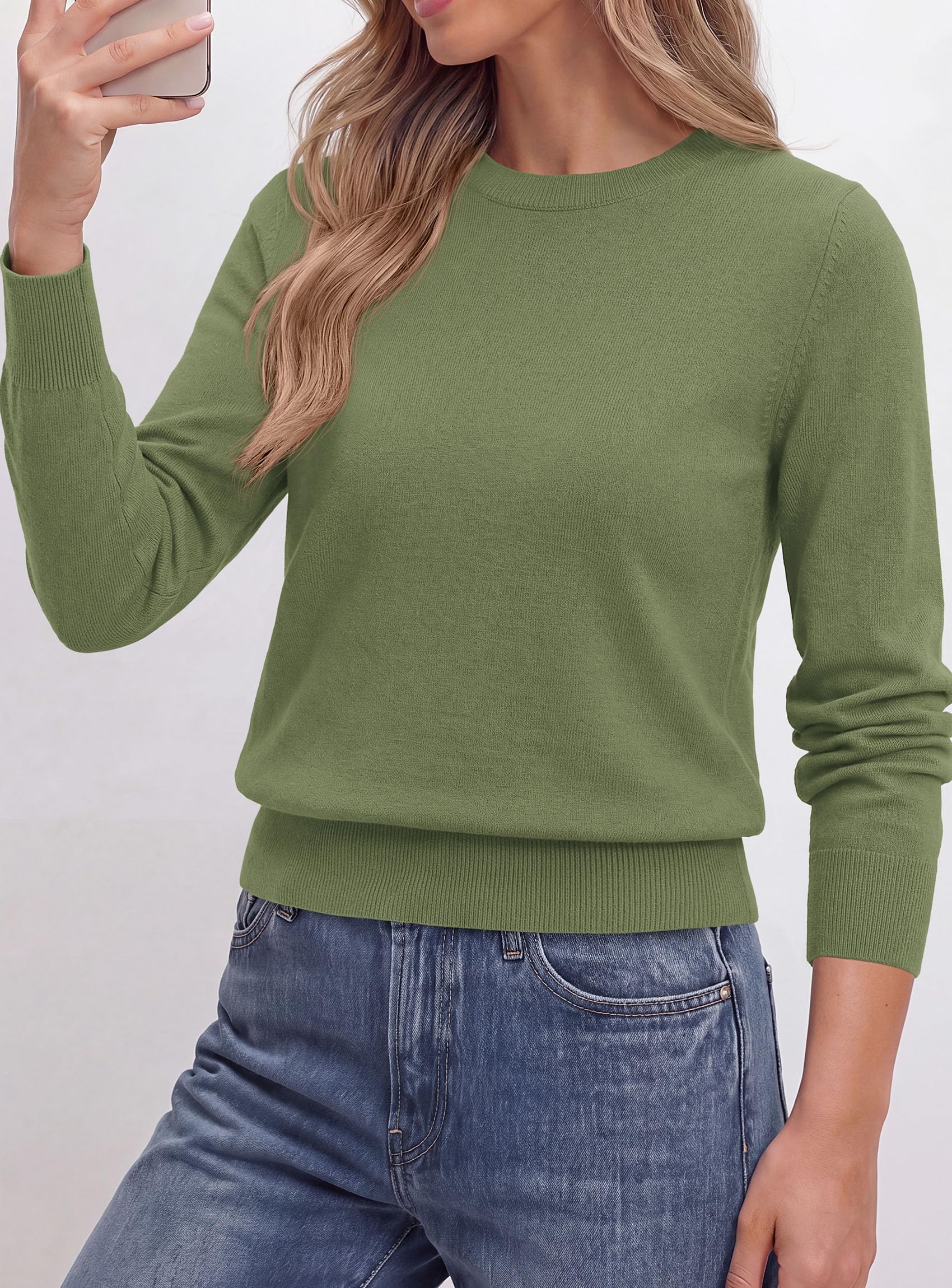 Women’s Long Sleeve Crew Neck Cropped Sweaters Green,S