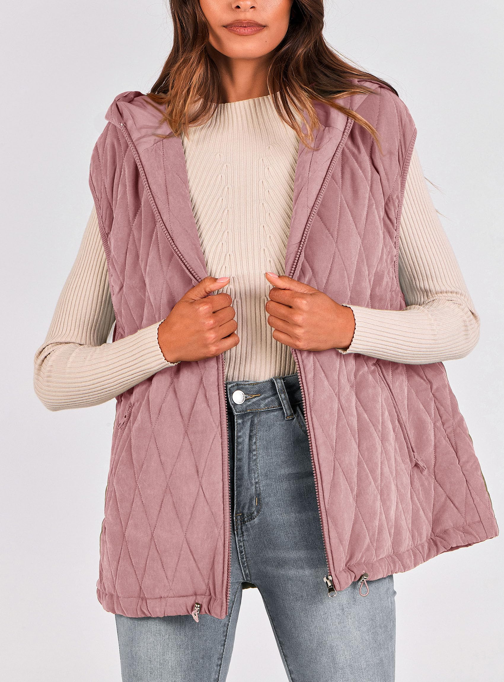 Women's Fall Fashion Vest Zip Up Jacket(Pink,Small)