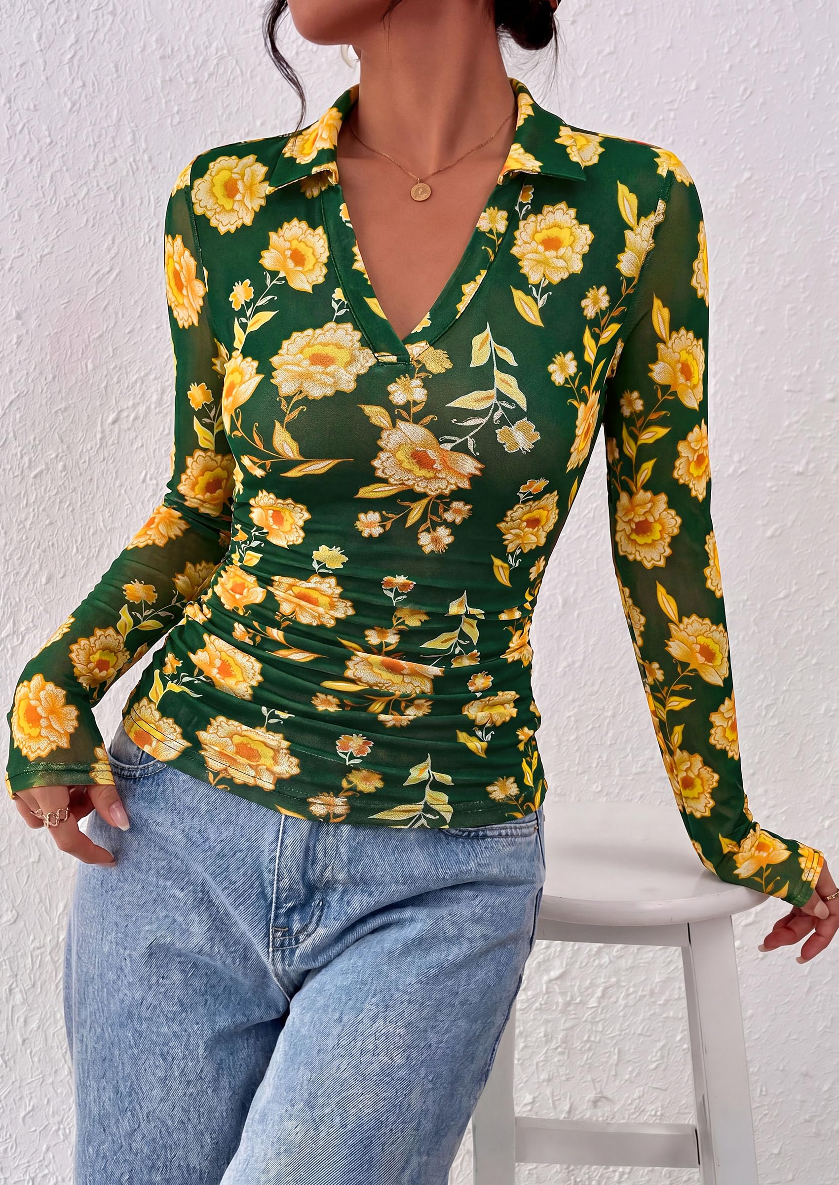 Women's Long Sleeve Boho Floral Mesh Tops Fall V Neck Blouses
