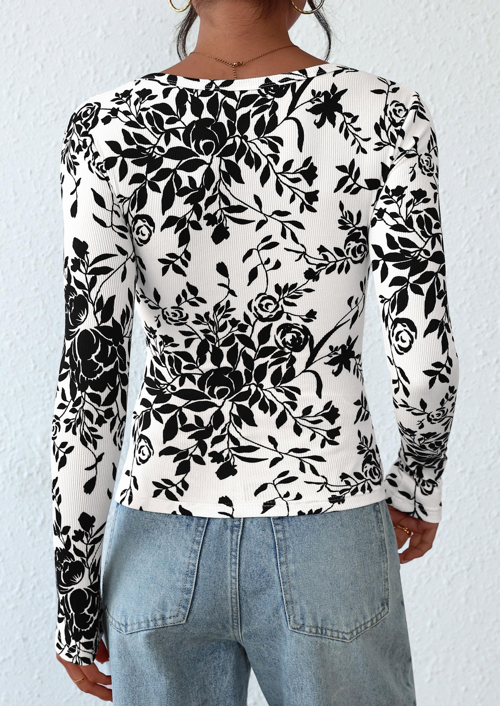 Women's Fall Long Sleeve Henley T Shirts Floral Black