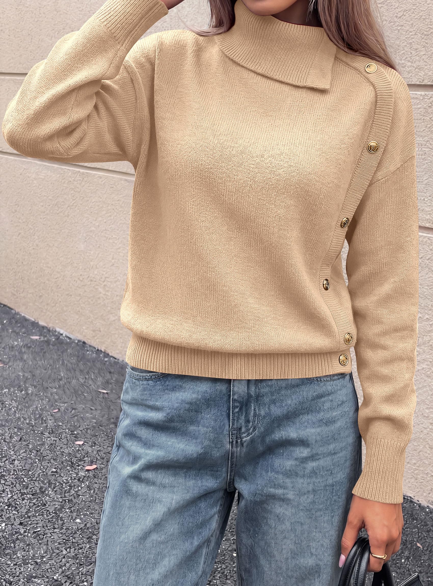 Womens Turtleneck Sweater Pullover Side Button Fall Clothes