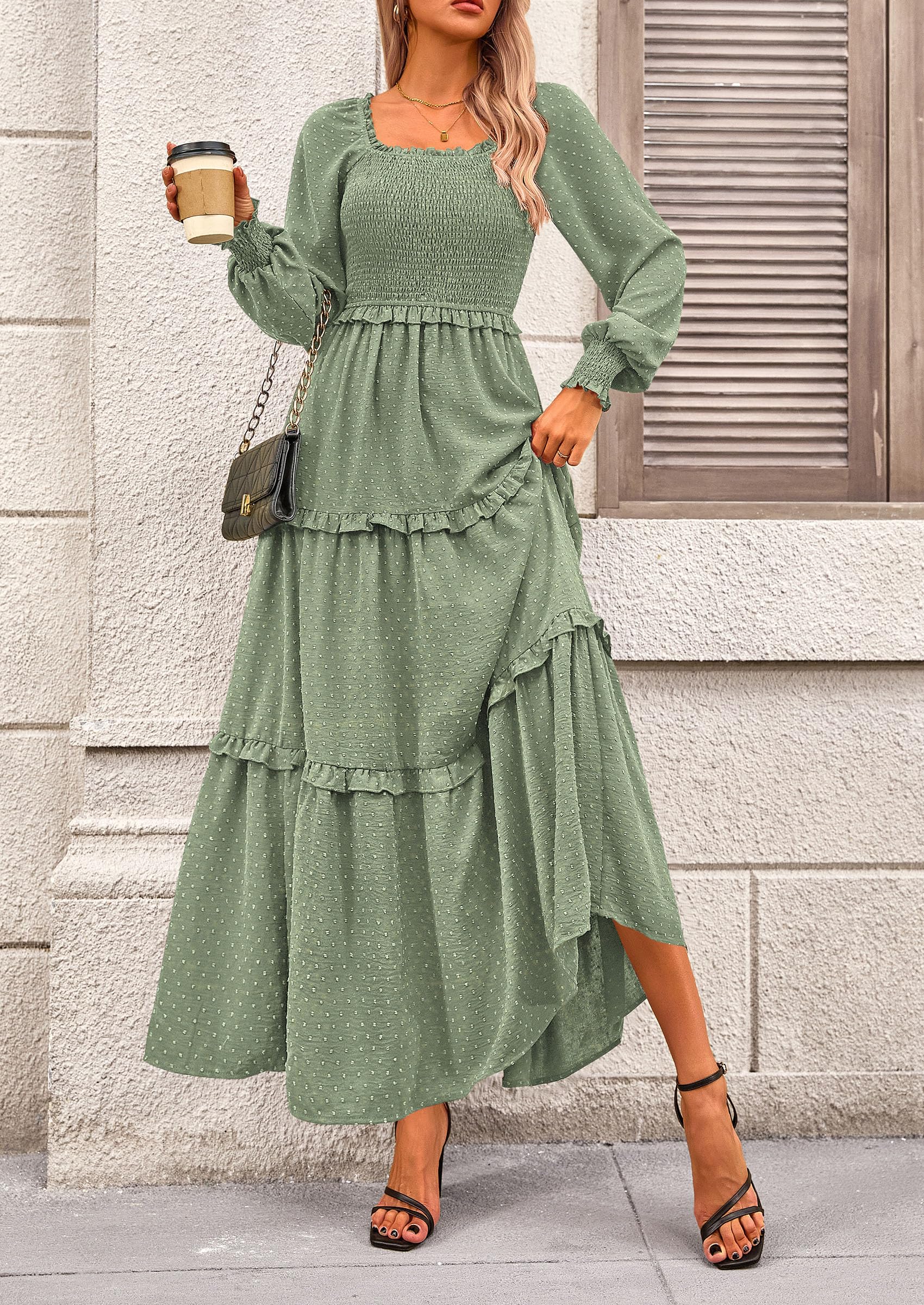 Women's Smocked Long Sleeve Maxi Dress Wedding Guest Dresses