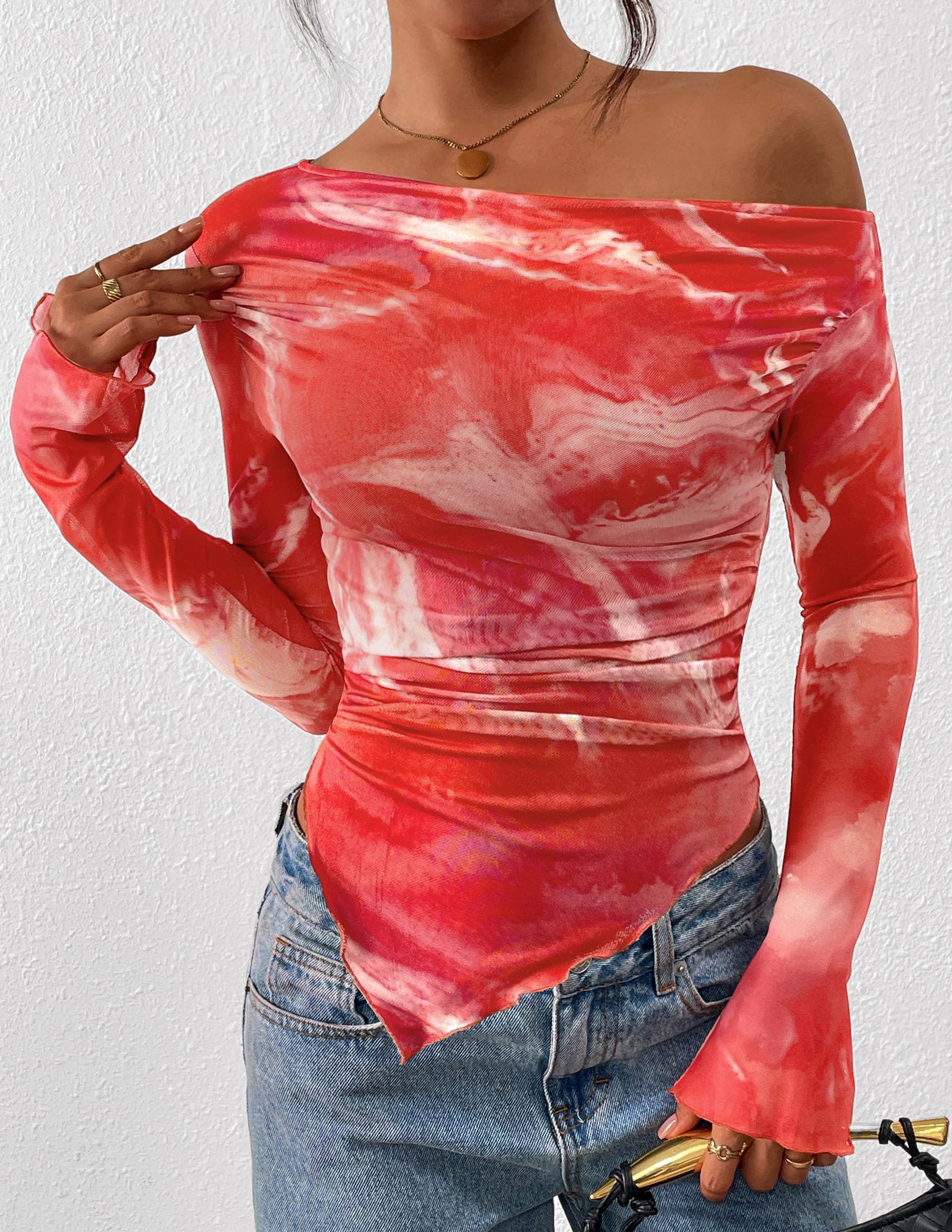 Womens Off Shoulder Mesh Y2k Tops,Floral Brick Red,XS