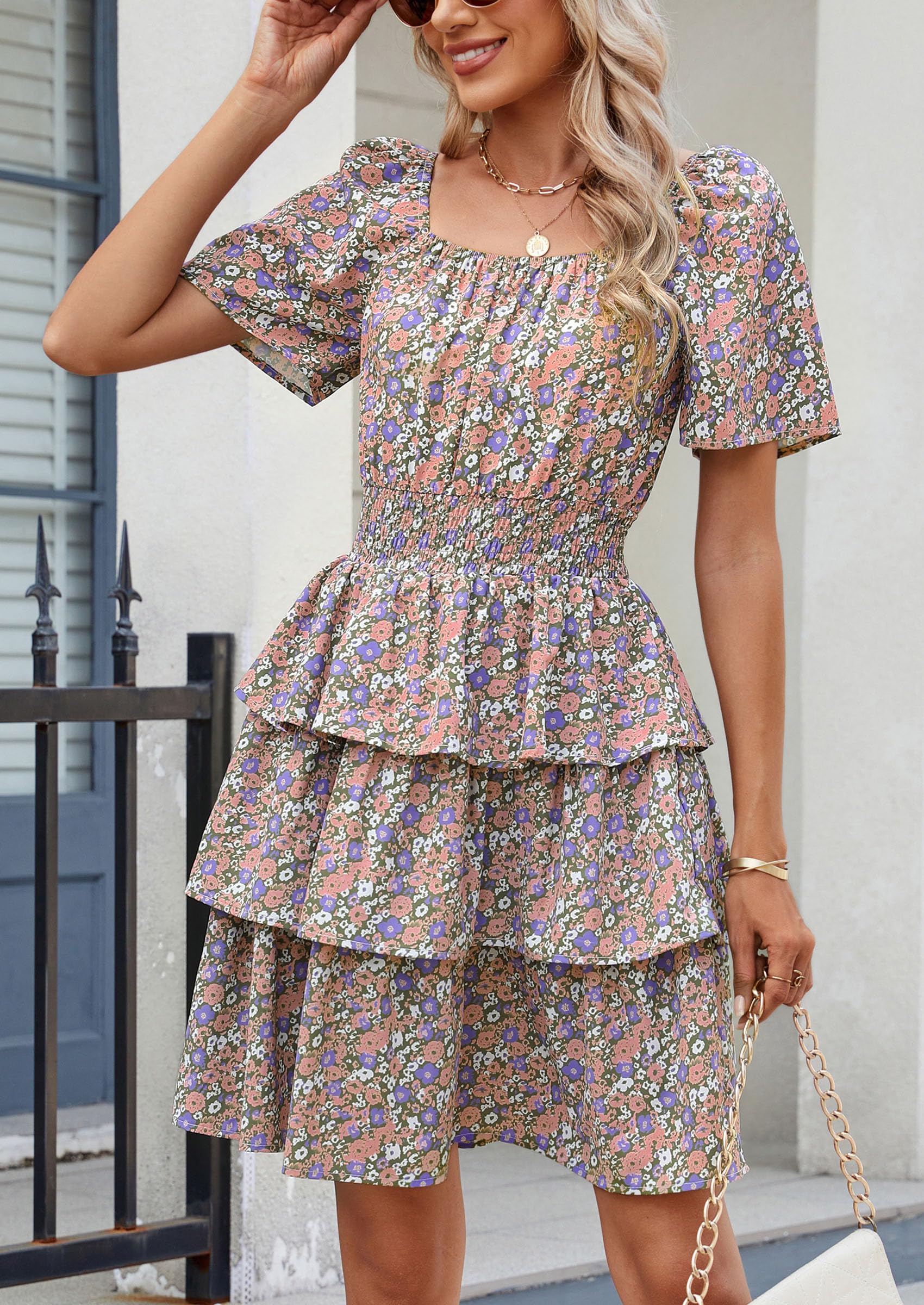 Women's Summer Floral Ruffle Short Dress Army Green Floral,S