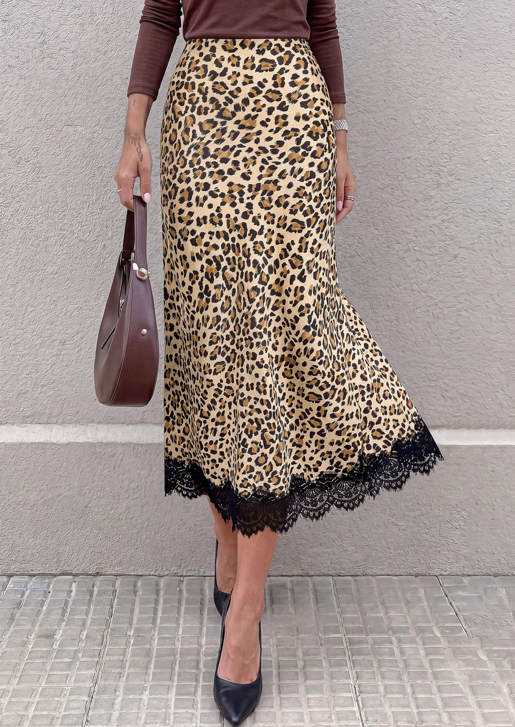 Women's Polka Dot Satin Skirt Fall Flowy Midi Leopard Skirts