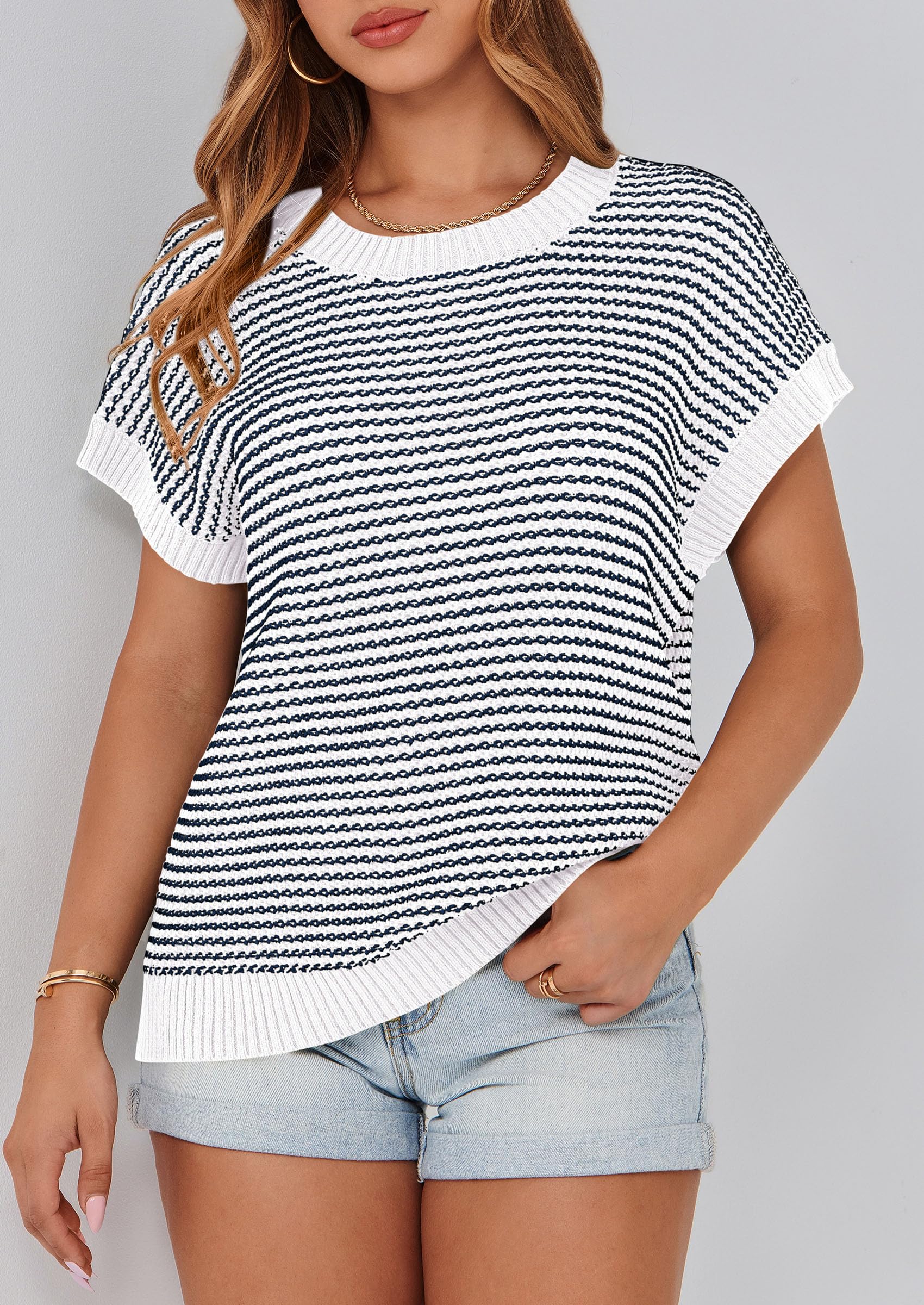 Women's Striped Short Sleeve Sweater Vest Striped White Navy,S
