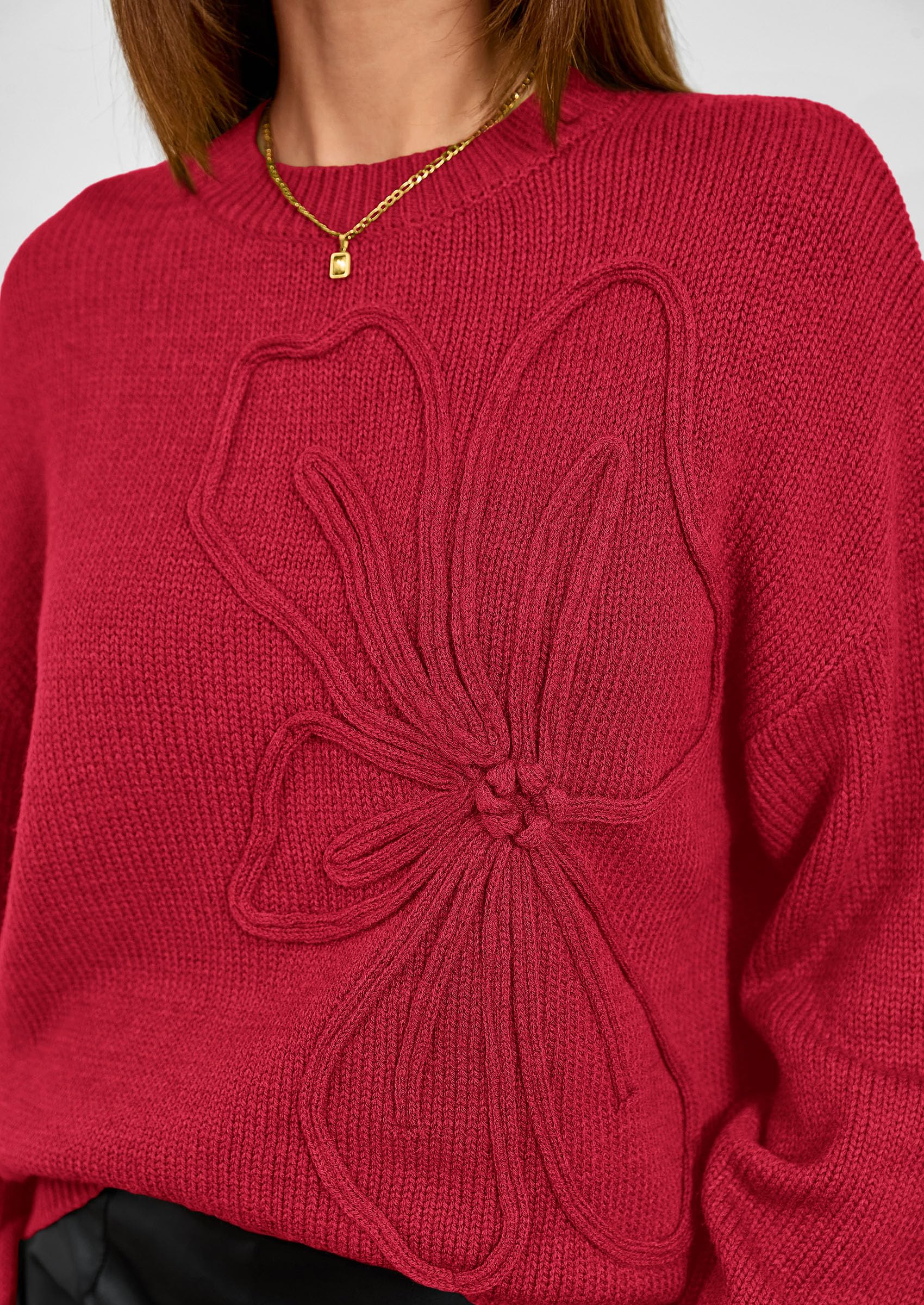 Women's Oversized 3D Floral Knit Sweater,Red,S