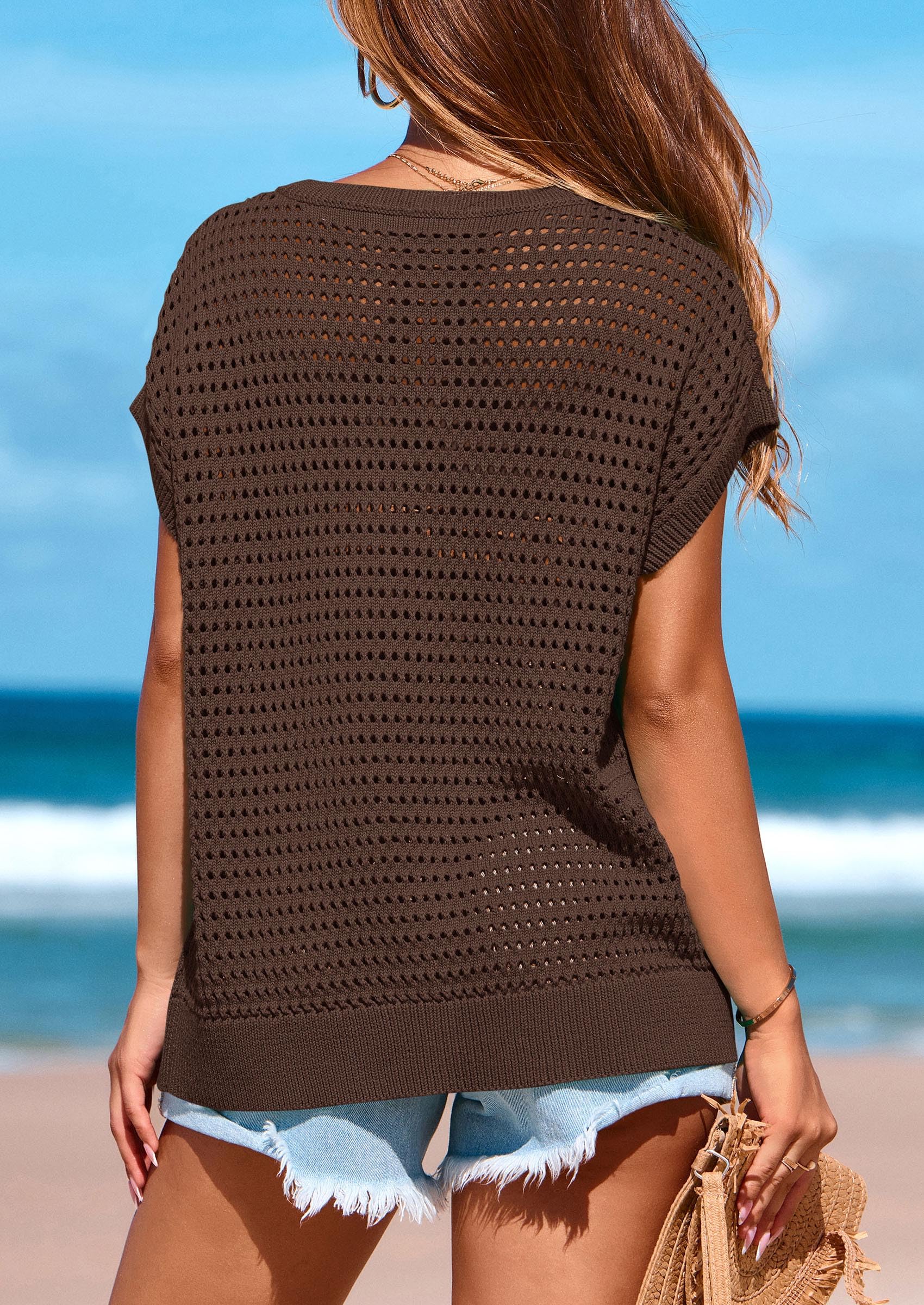 Women's Summer Crochet Cap Sleeve Sweater Tops,Coffee,S