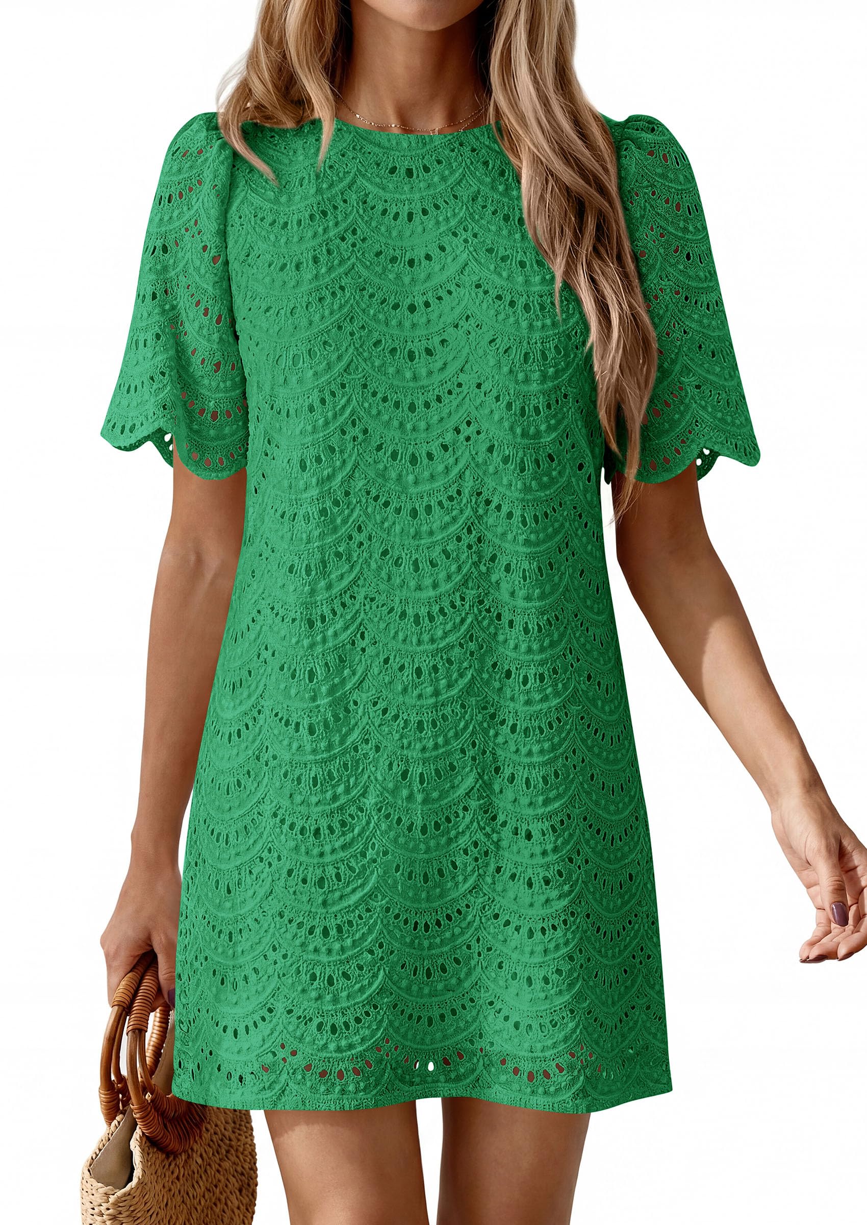 Women's Summer Eyelet Lace Short Dress (Dark Green,S)