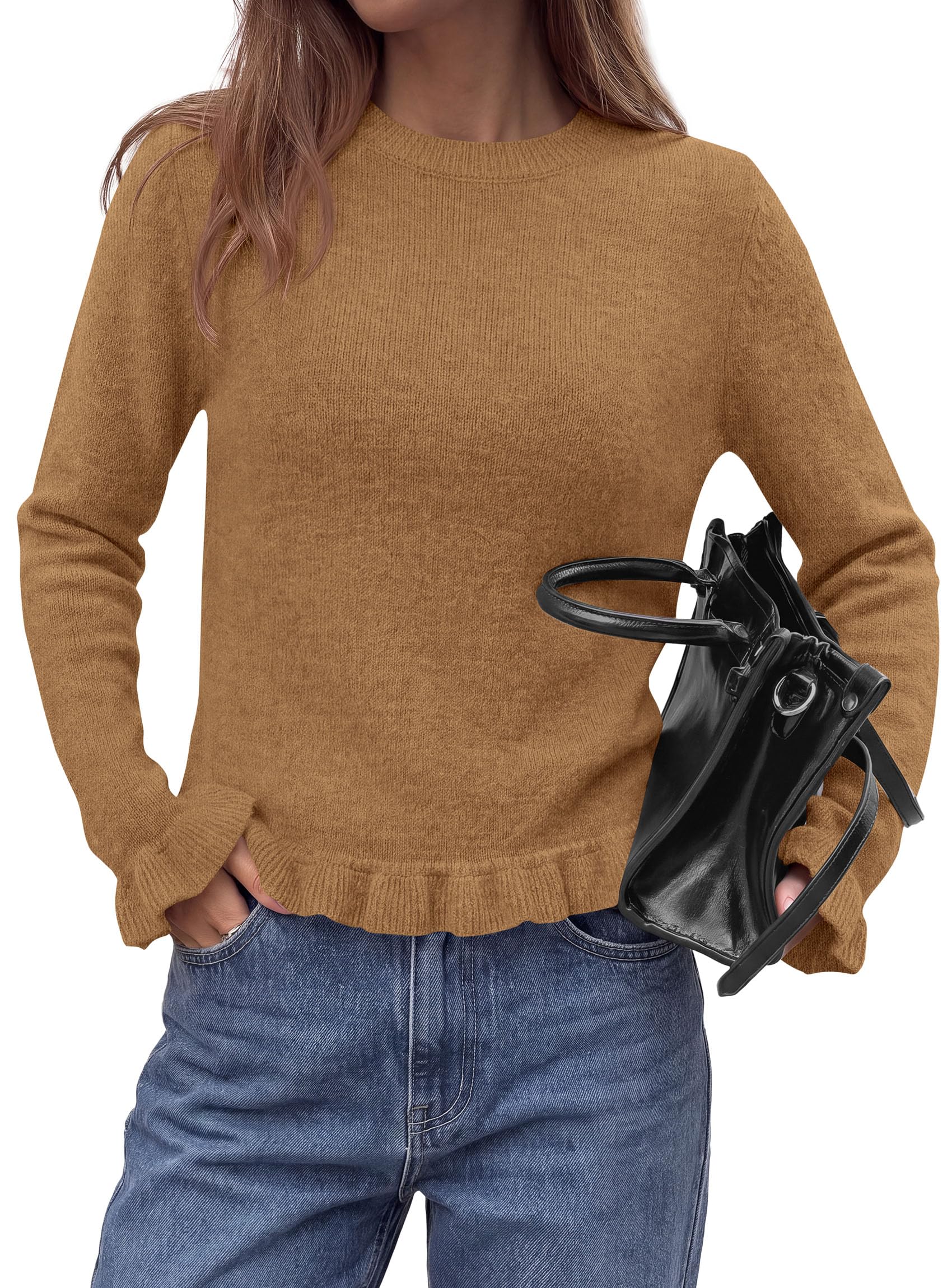 Women's Ruffle Sweaters Fall Fashion Cozy Knit Pullover Khaki