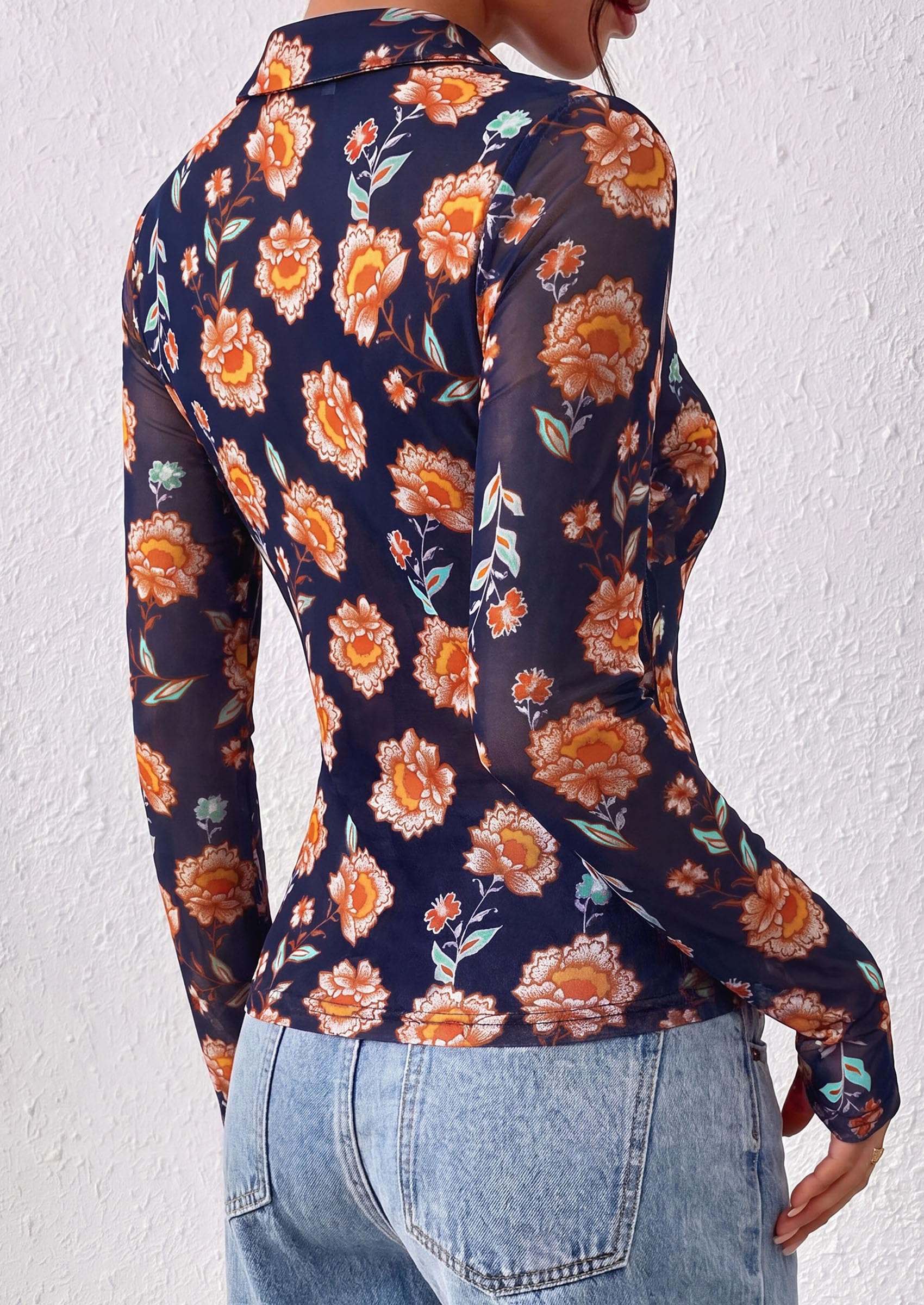 Women's Button Down Shirts Boho Mesh Floral Going Out Tops
