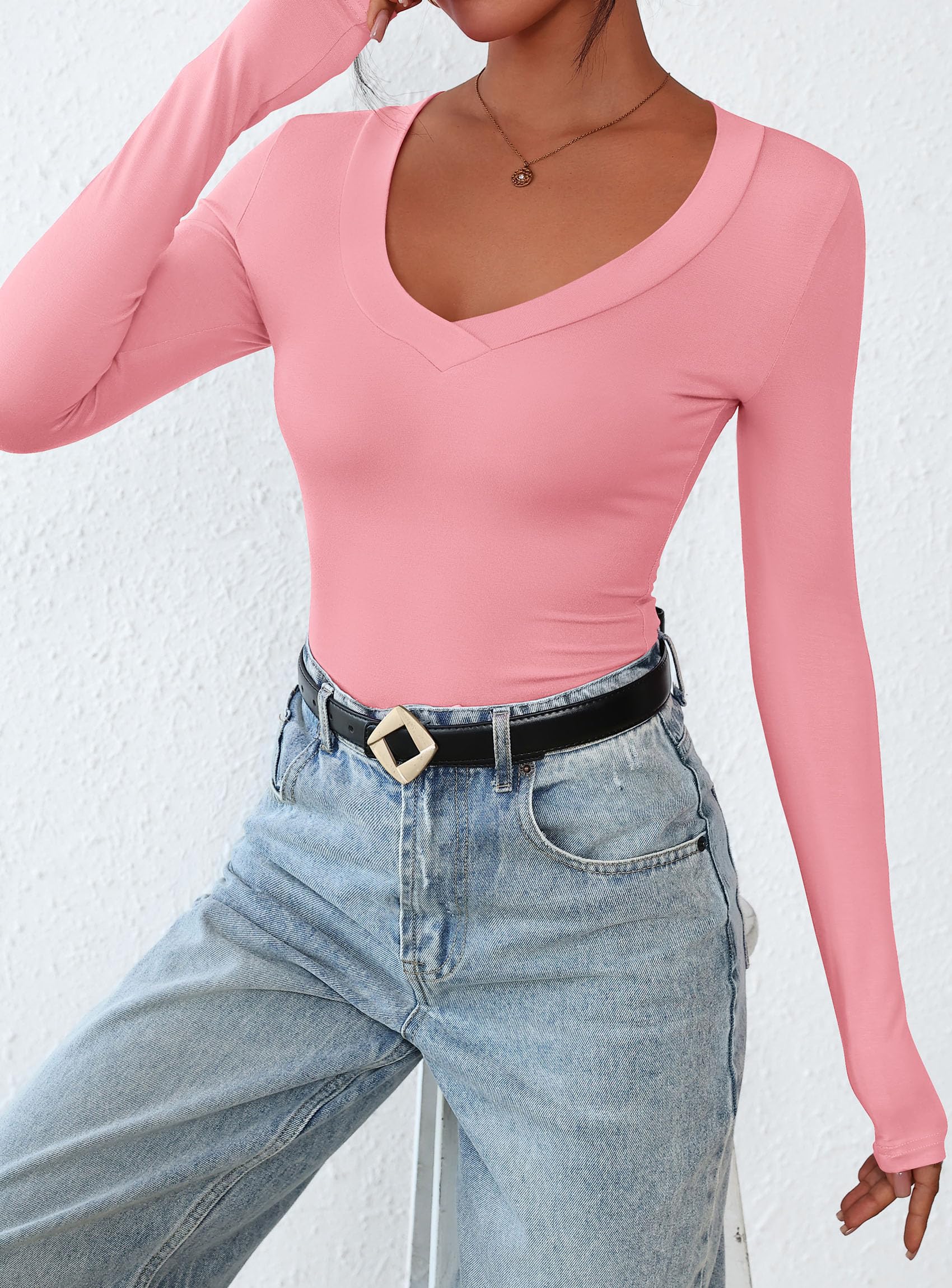 Women's V Neck Long Sleeve Shirts,Pink,X-S