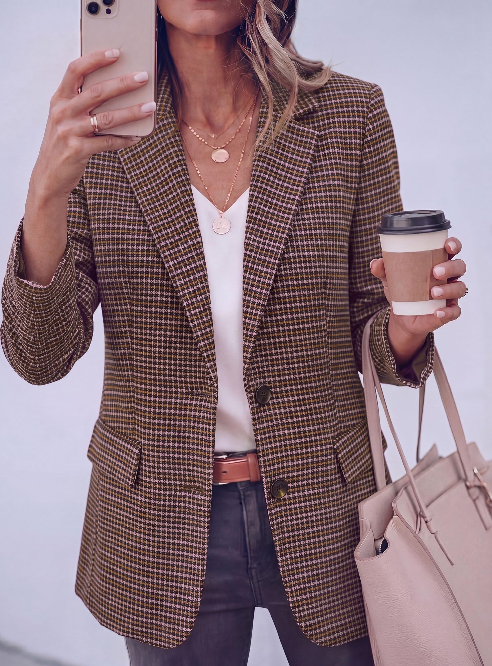 Fall Plaid Blazers for Women Business Casual Pink S