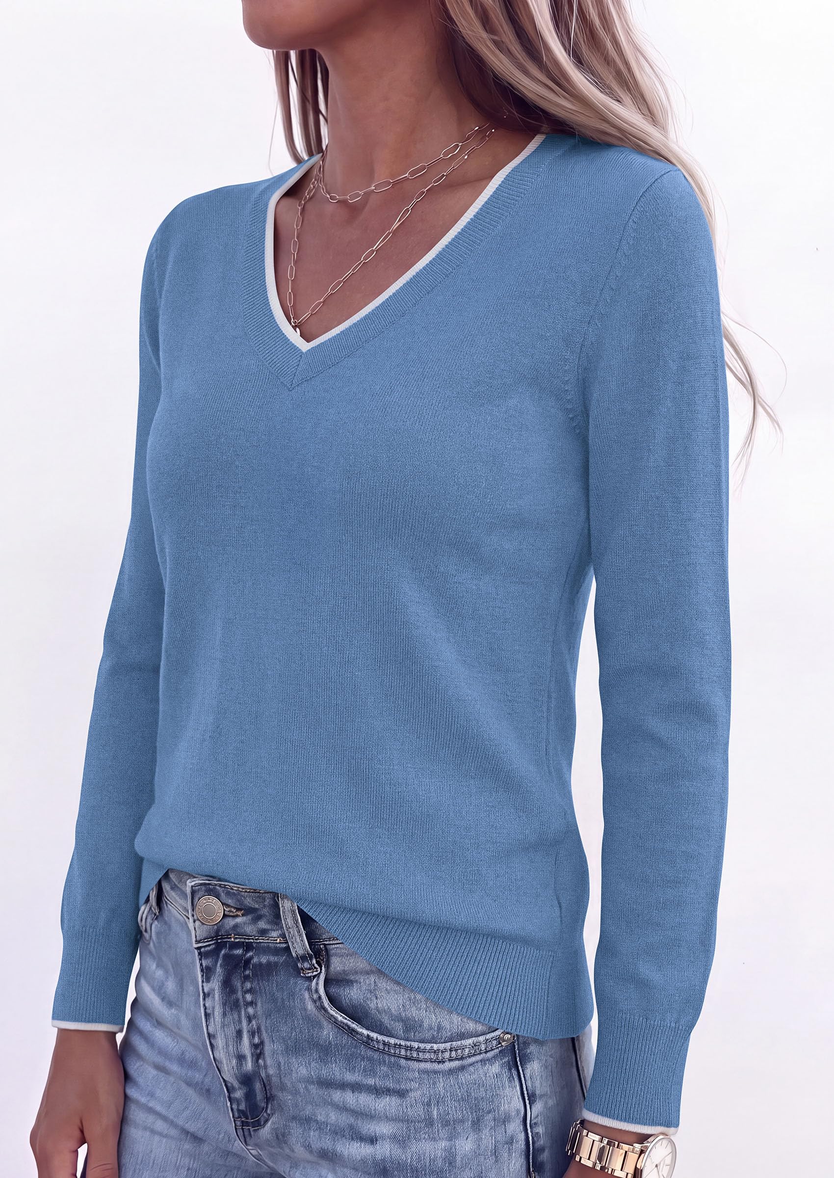 Women's V Neck Sweater Long Sleeve Knit Tops (Grey Blue,S)