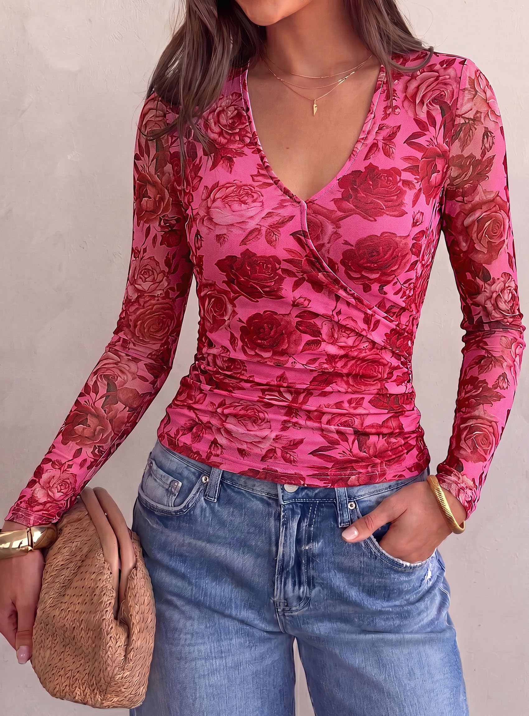 Womens Mesh Wrap Dressy Top Floral V Neck Long Sleeve Shirts