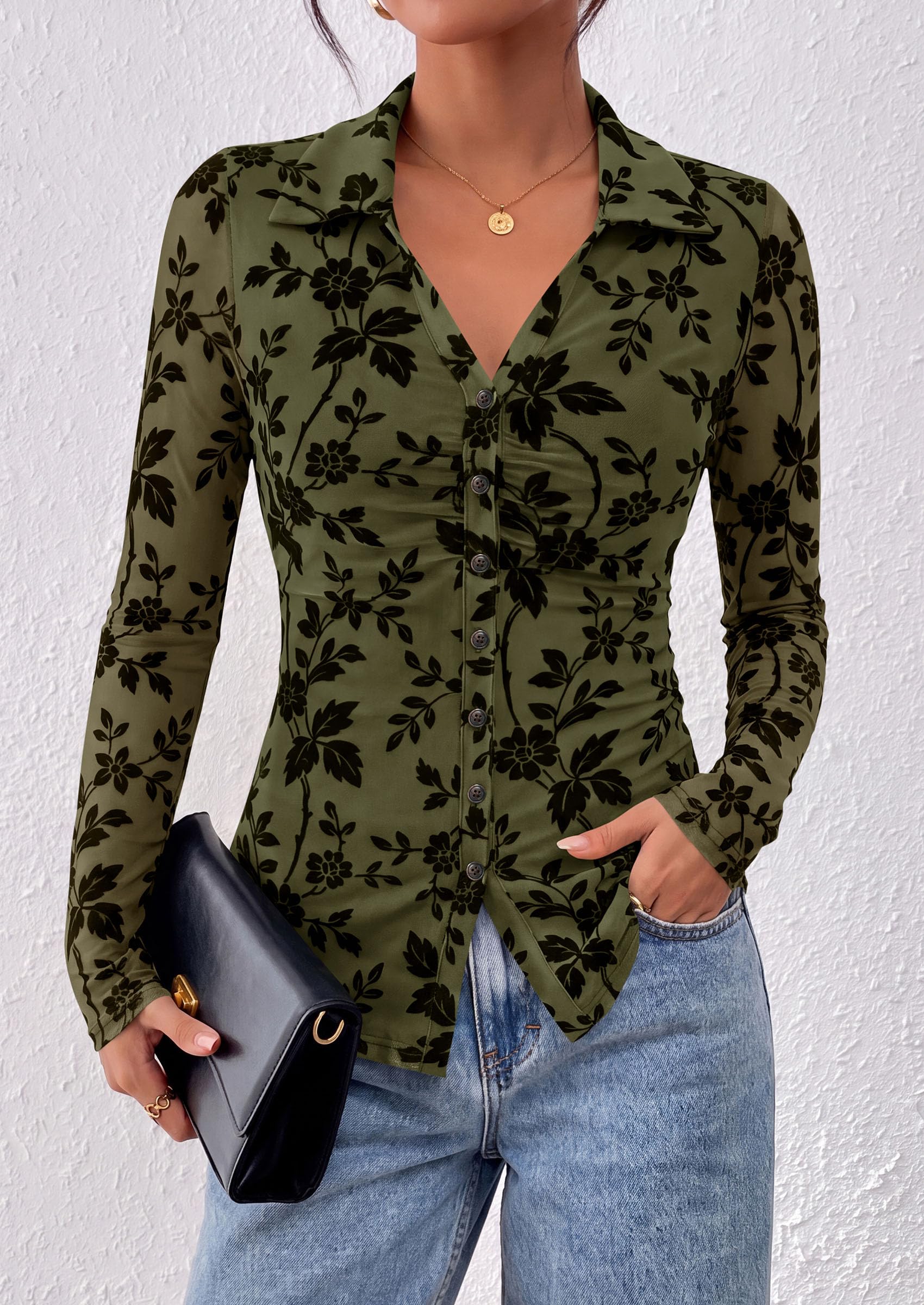 Women's Long Sleeve Floral Mesh Boho Tops Button Down Shirts