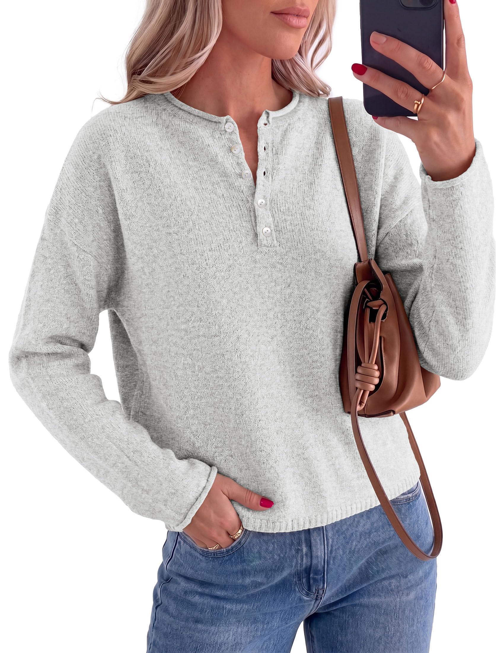 Women's Henley Cozy Sweaters Button Up Pullover Grey S