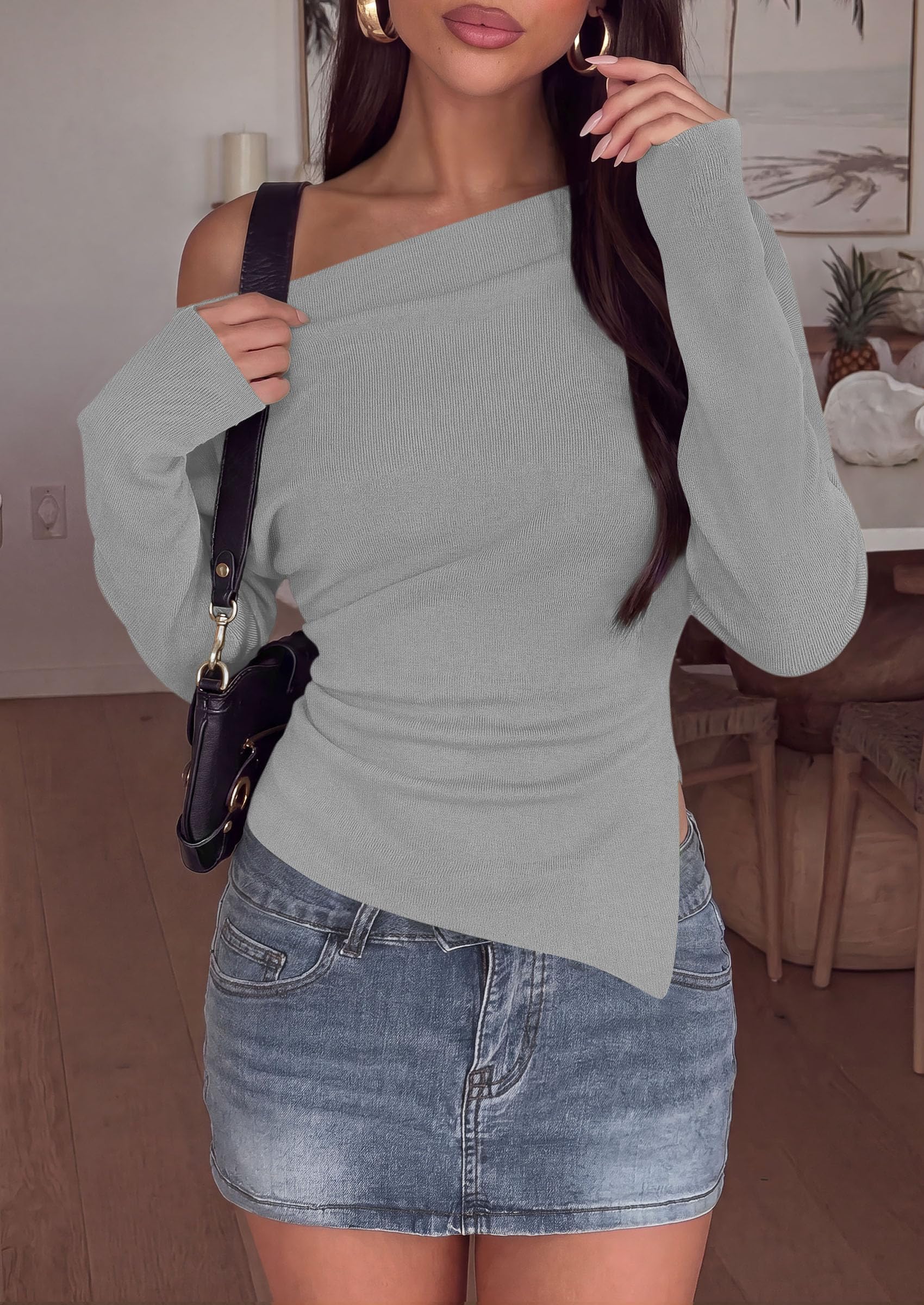Womens Fall Long Sleeve Off Shoulder Sweater,Grey,S