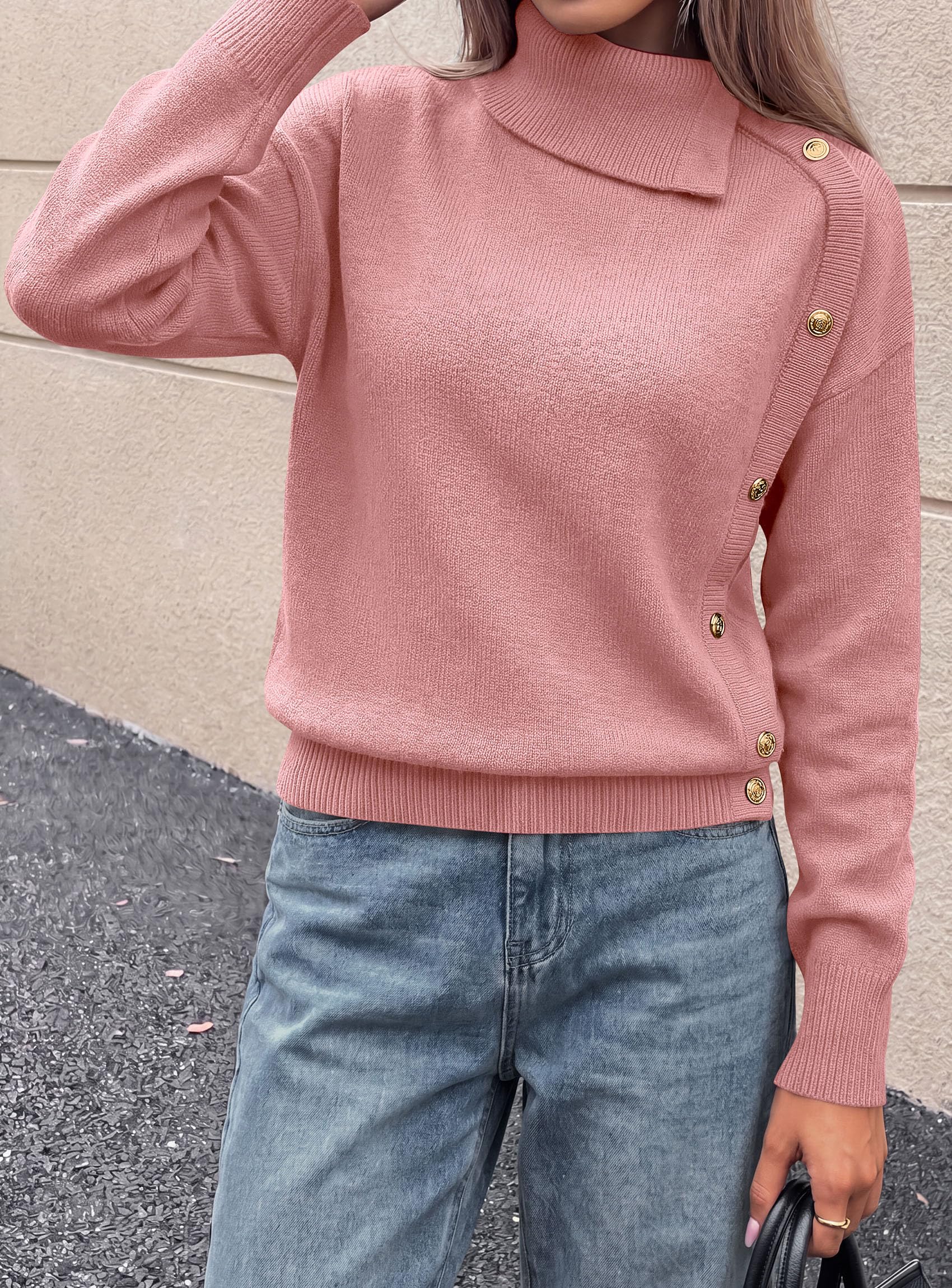Womens Turtleneck Sweater Pullover Side Button Fall Clothes