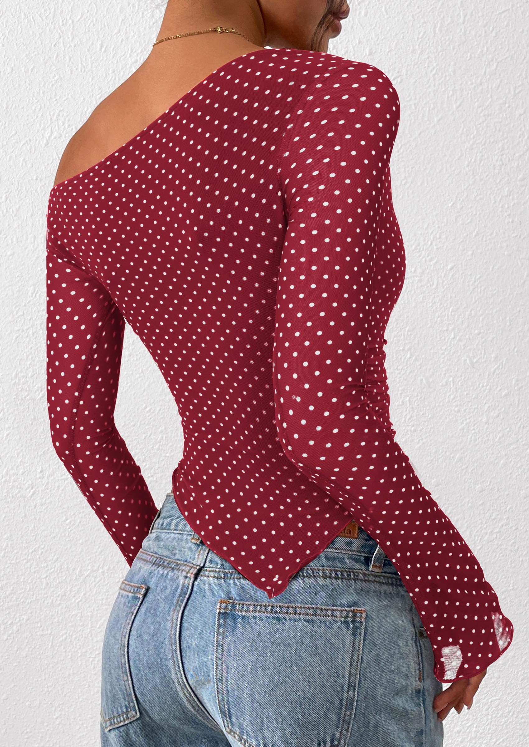 Womens Off Shoulder Mesh Y2k Tops,Small Dot Red White,XS
