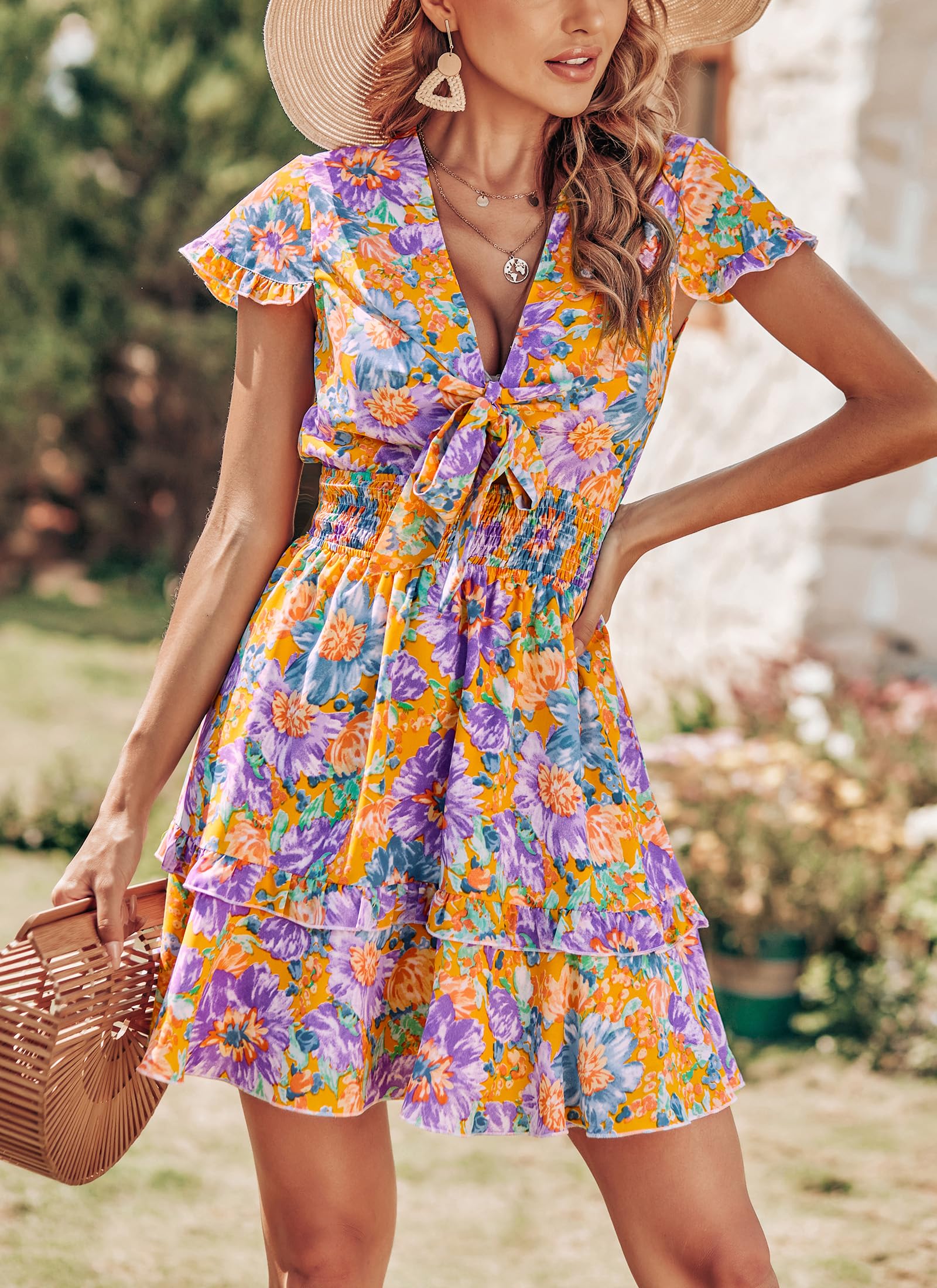 Women's Boho Floral Mini Tiered Bow Dress, Floral Orange,M
