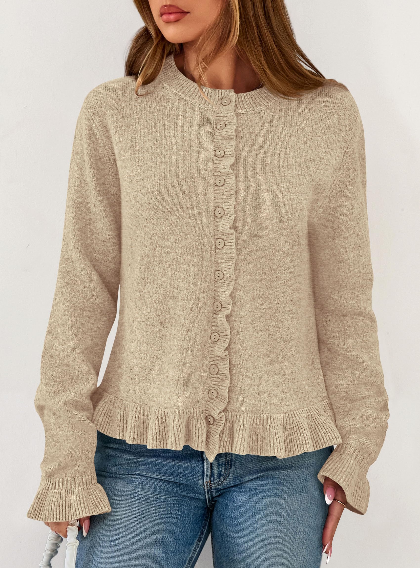 Womens Ruffle Button Down Cardigan Sweaters,Khaki,L