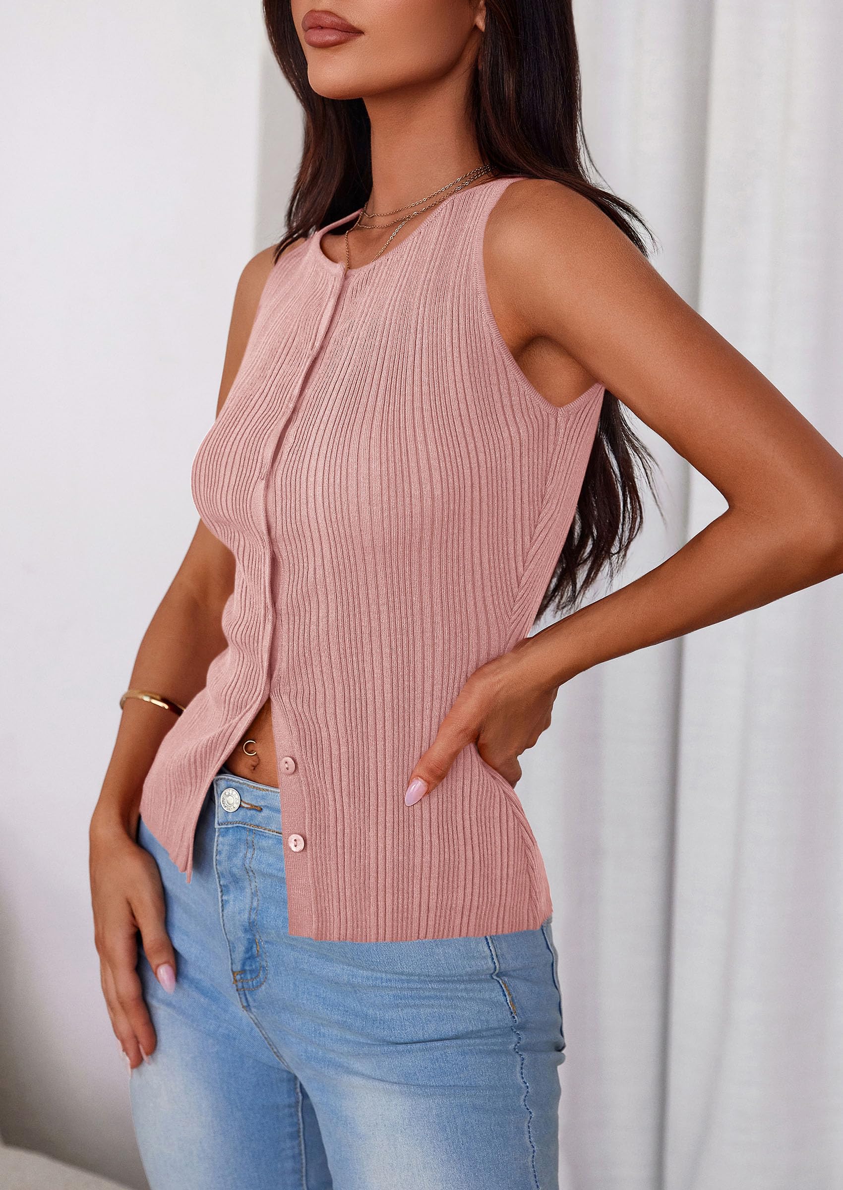 Sleeveless Button Down Shirts for Women Summer 2026 Going Out Ribbed Knit Tank Tops Y2K Clothes Trendy Vest Tops Pink
