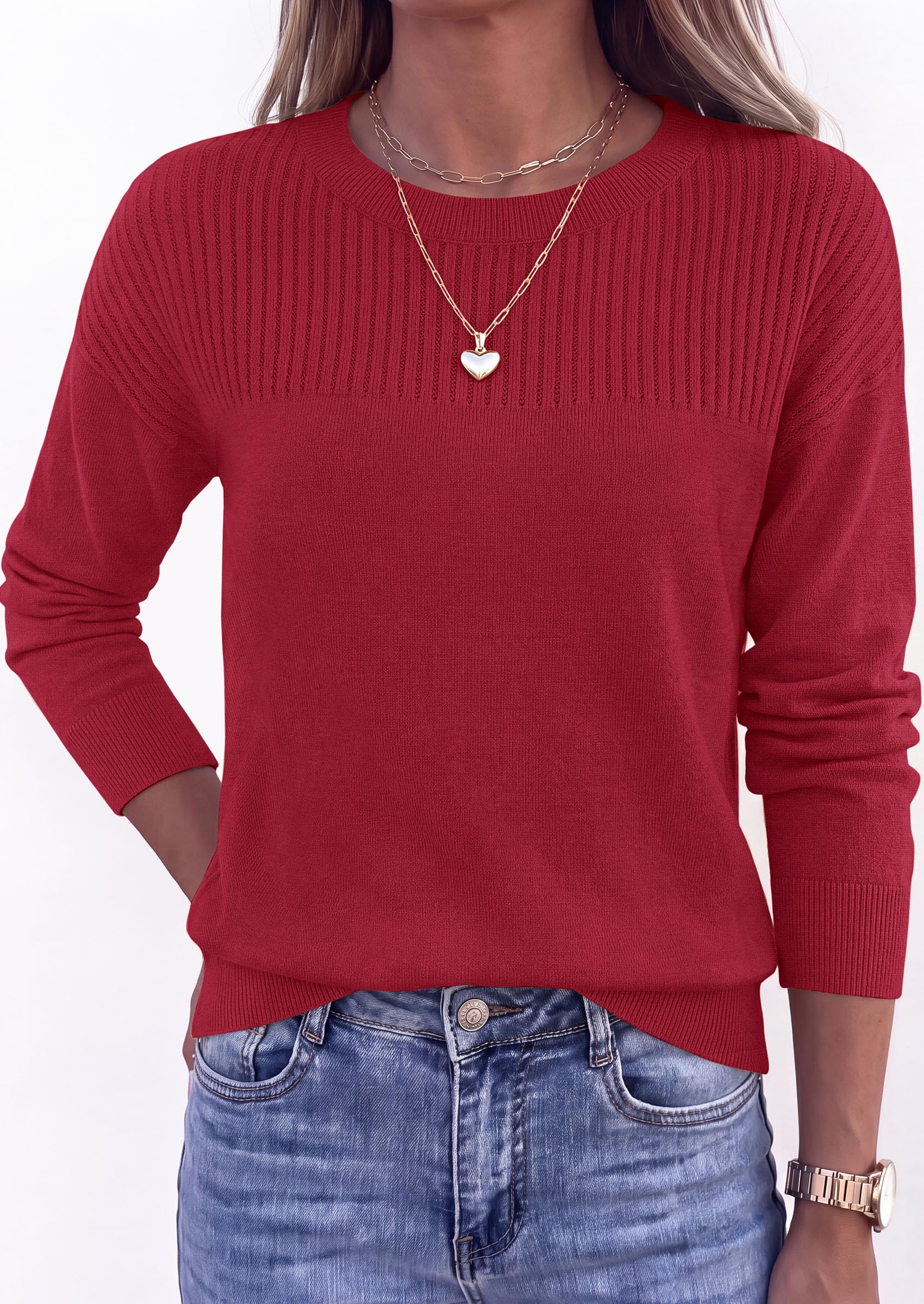 Sweaters for Women Fall Crewneck Knit Cropped Sweater Burgundy