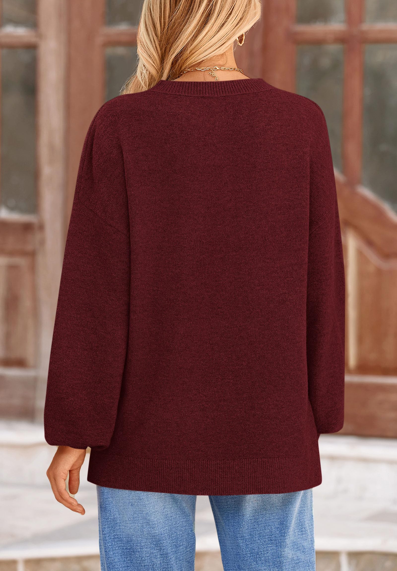 Women's Fall Sweaters Crewneck Long Sleeve Tops,Wine Red,S