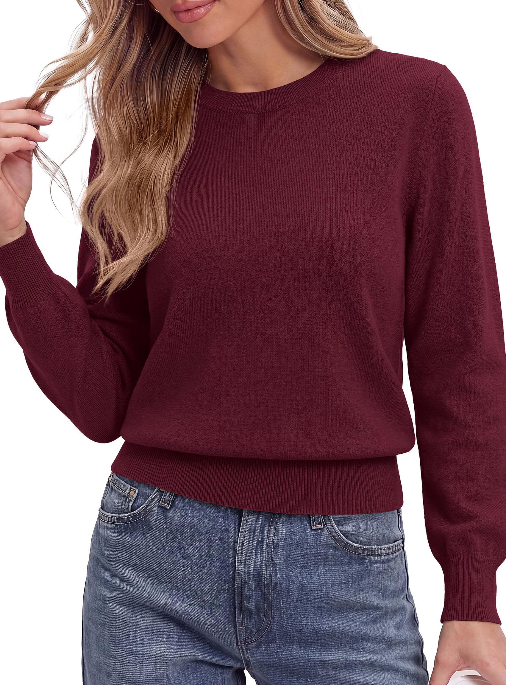 Women’s Long Sleeve Crew Neck Cropped Sweaters Wine Red,L