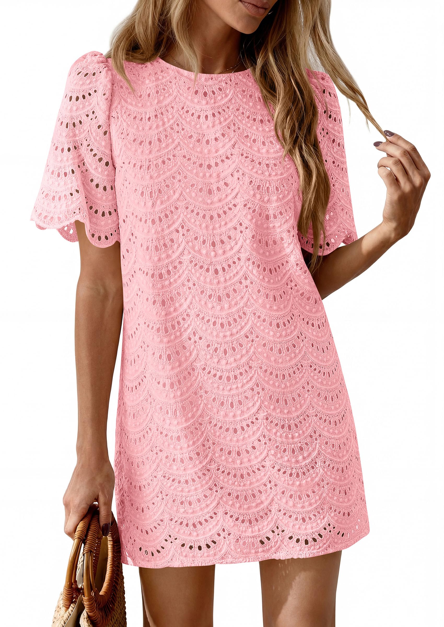 Women's Summer Eyelet Lace Short Dress (Pink,S)