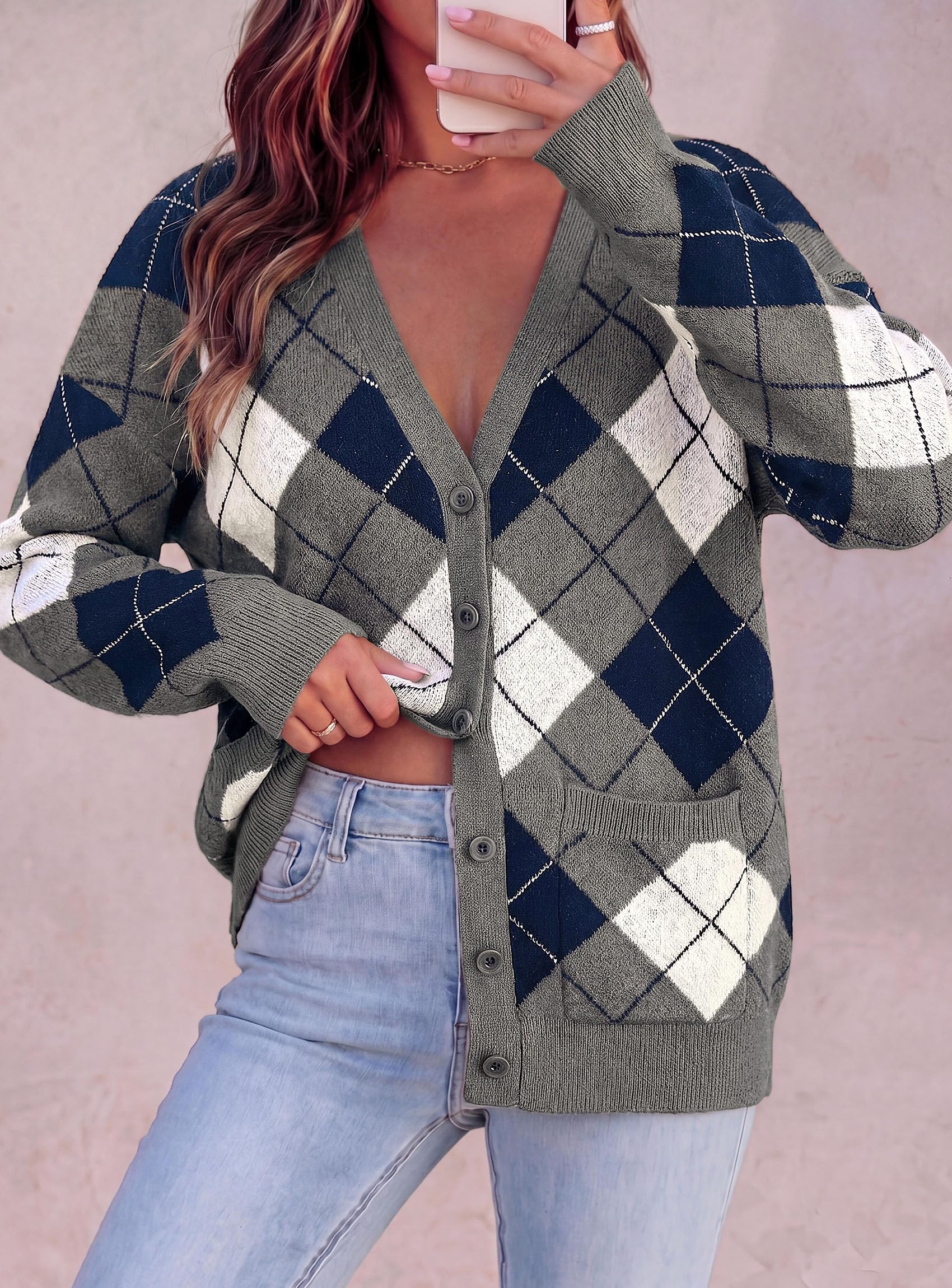 Women's Cardigan Argyle Winter Sweaters (Plaid Grey,L)