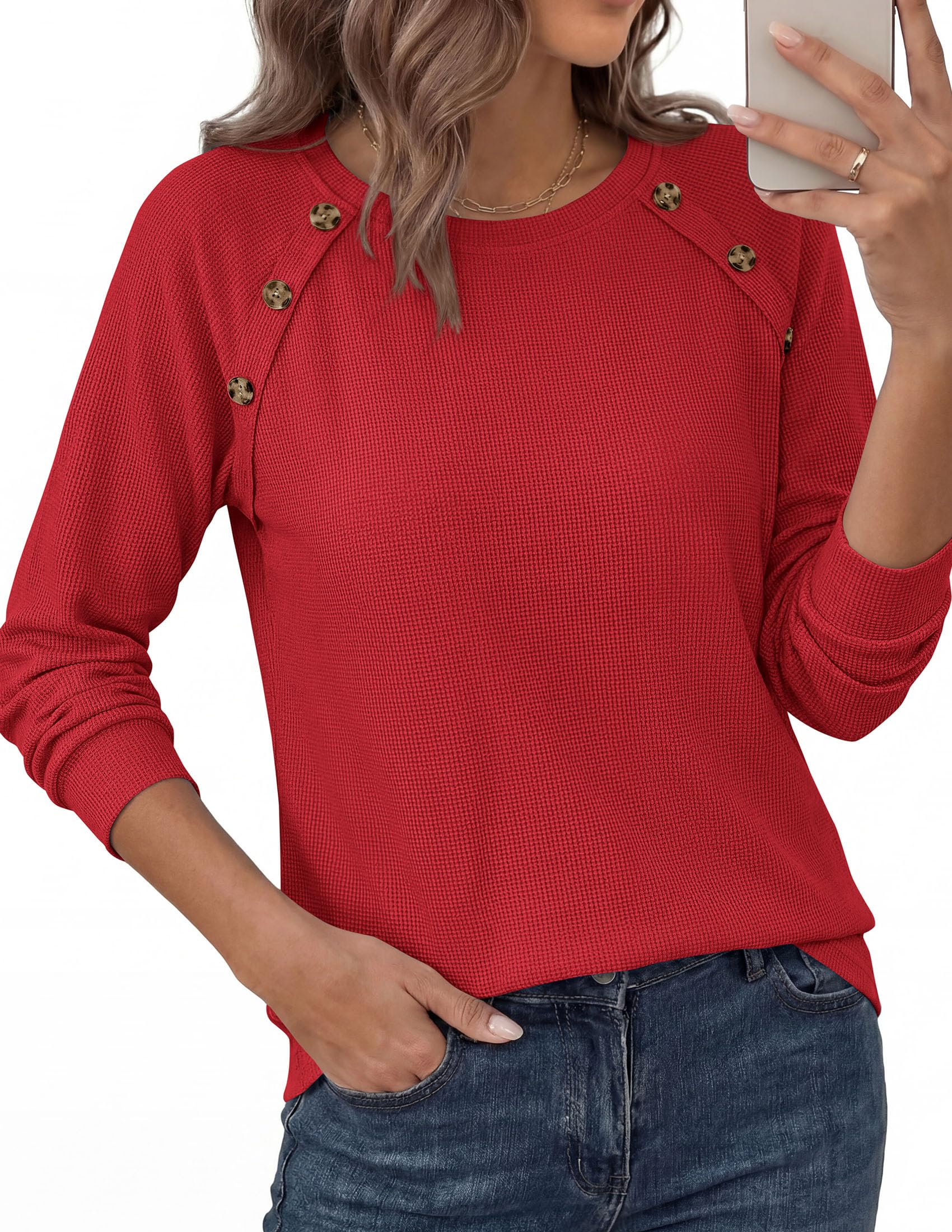 Fall Long Sleeve Waffle Knit Shirts for Women Loose Tunic Tops