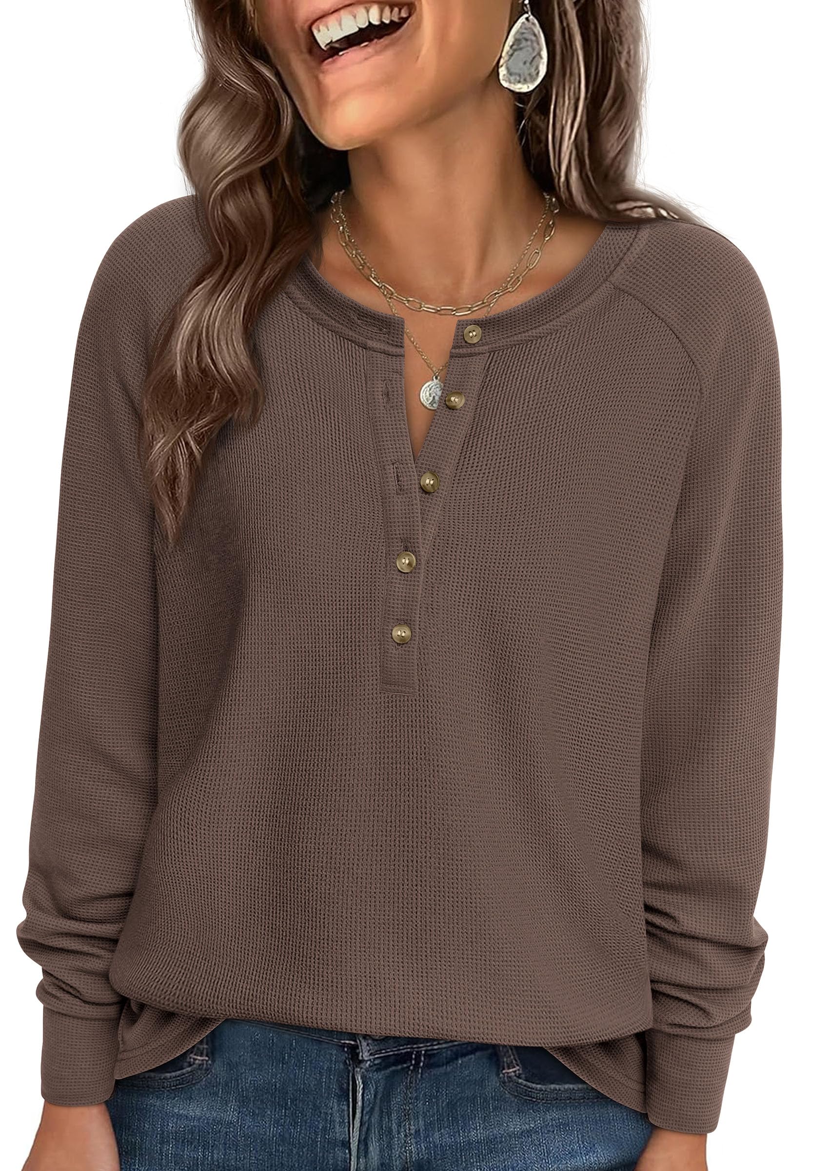 Women's Long Sleeve Waffle Knit Henley Shirts Loose Tunic Tops