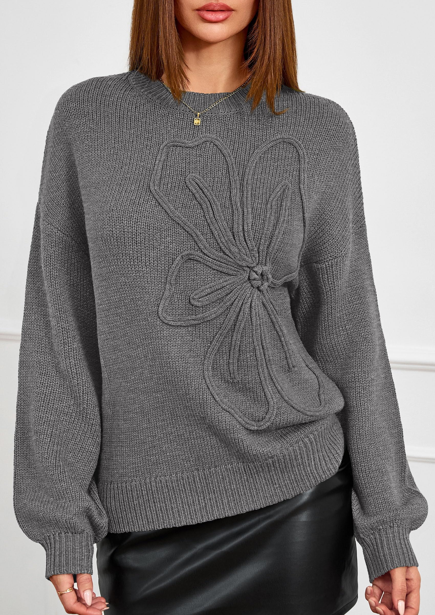 Women's Oversized 3D Floral Knit Sweater,Dark Grey,S