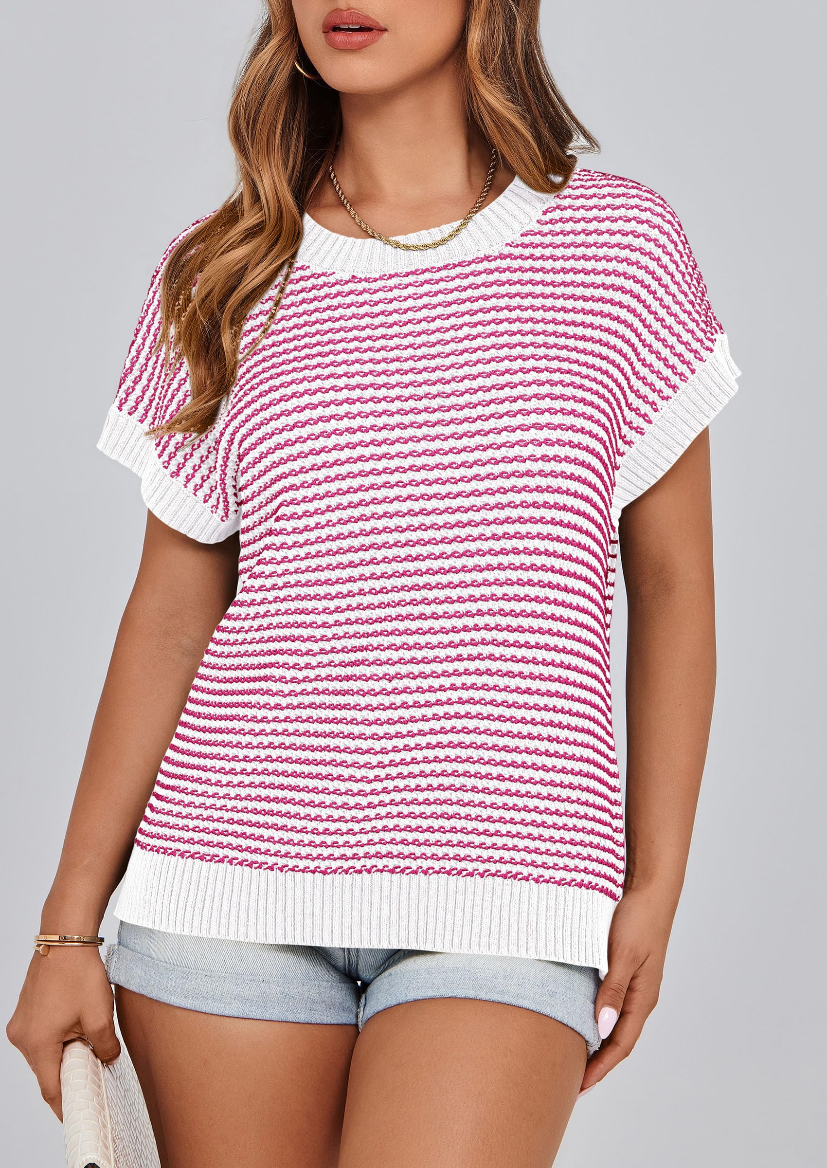 Women's Striped Short Sleeve Sweater Vest Rose Red,S