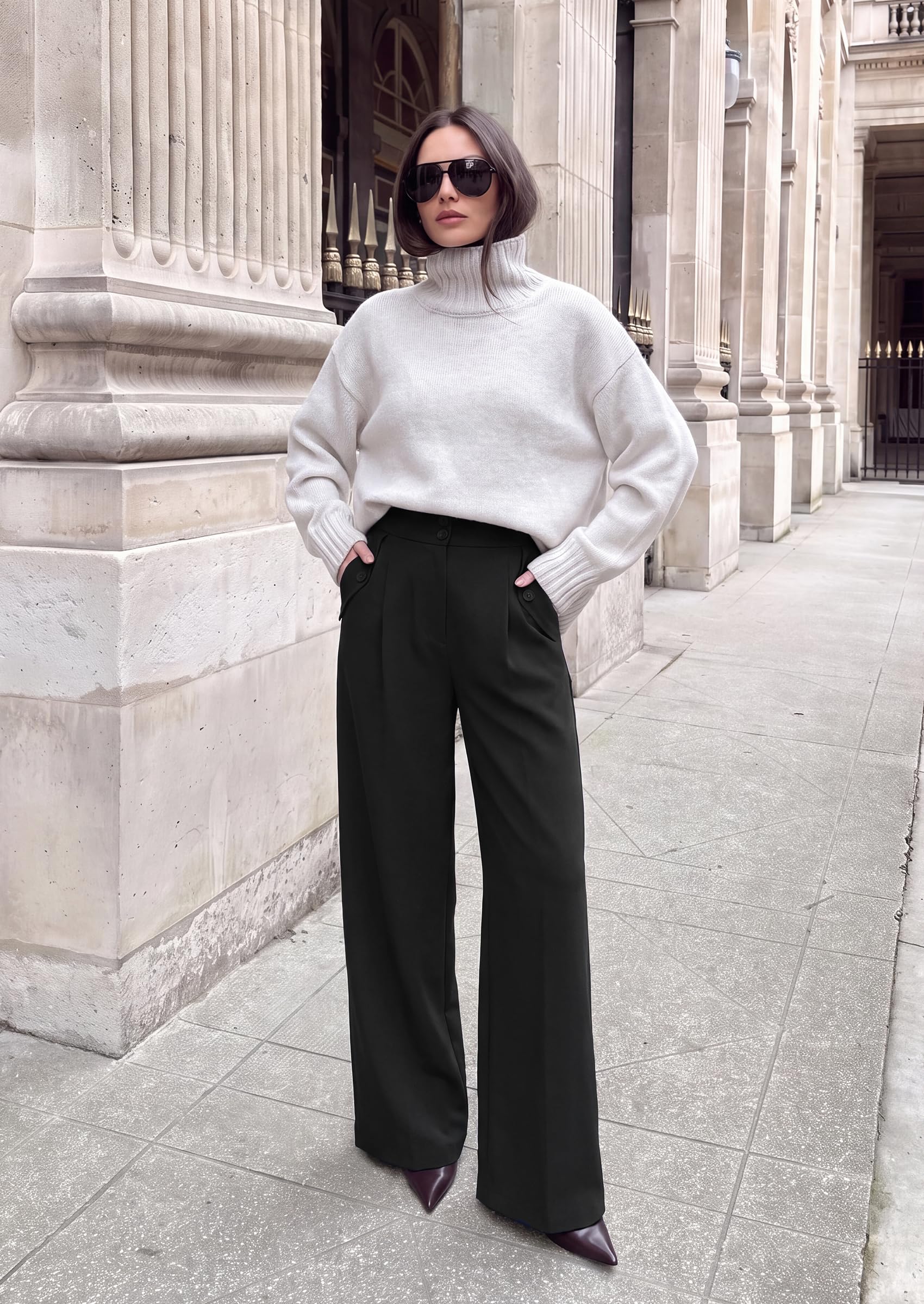 Women's Wide Leg Work Dress Pants Trousers (Black,S)