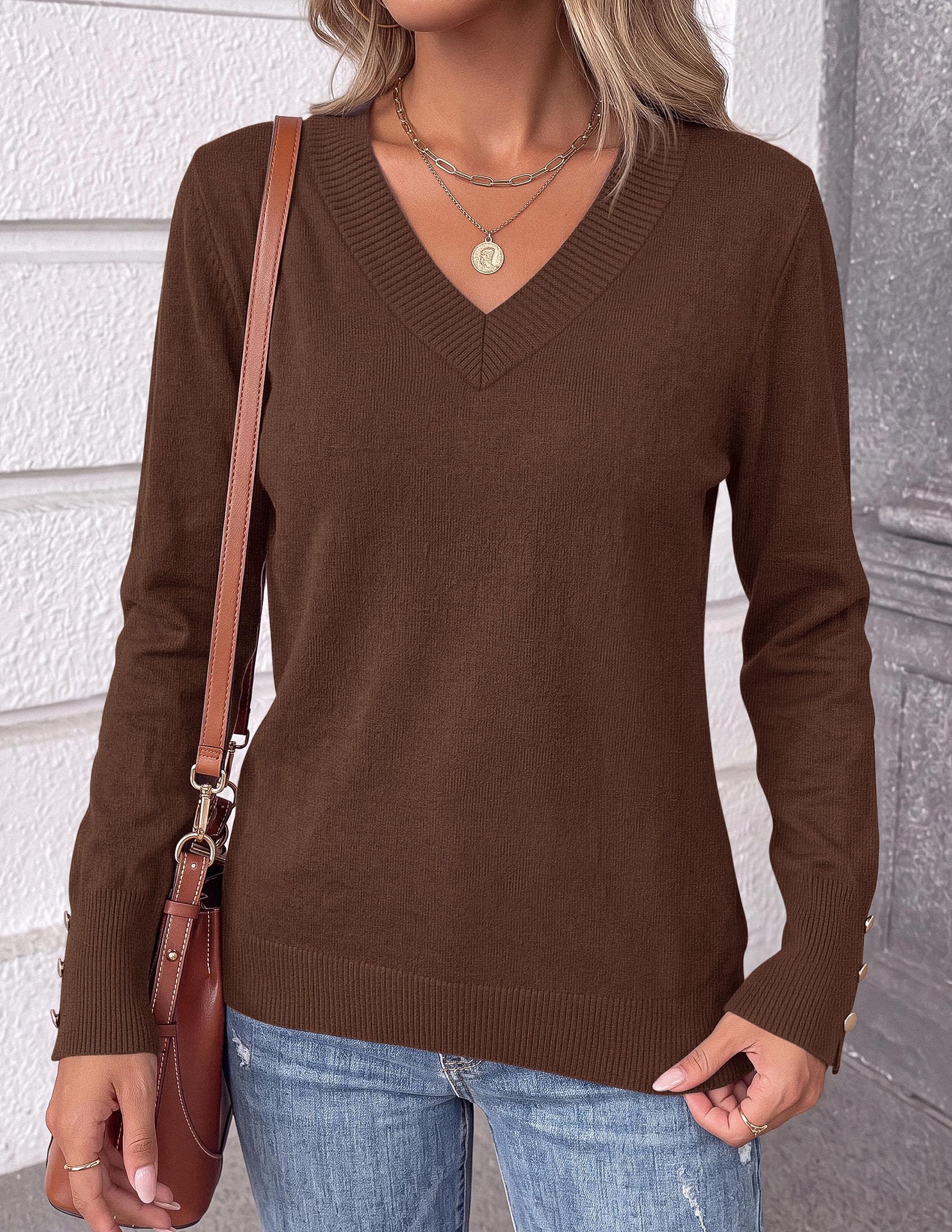 Fall Sweaters for Women V Neck Lightweight Pullover Top Coffee