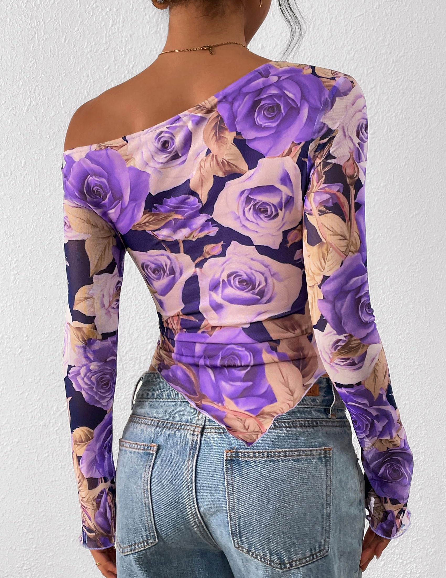 Womens Off Shoulder Mesh Y2k Tops,Floral Purple,XS