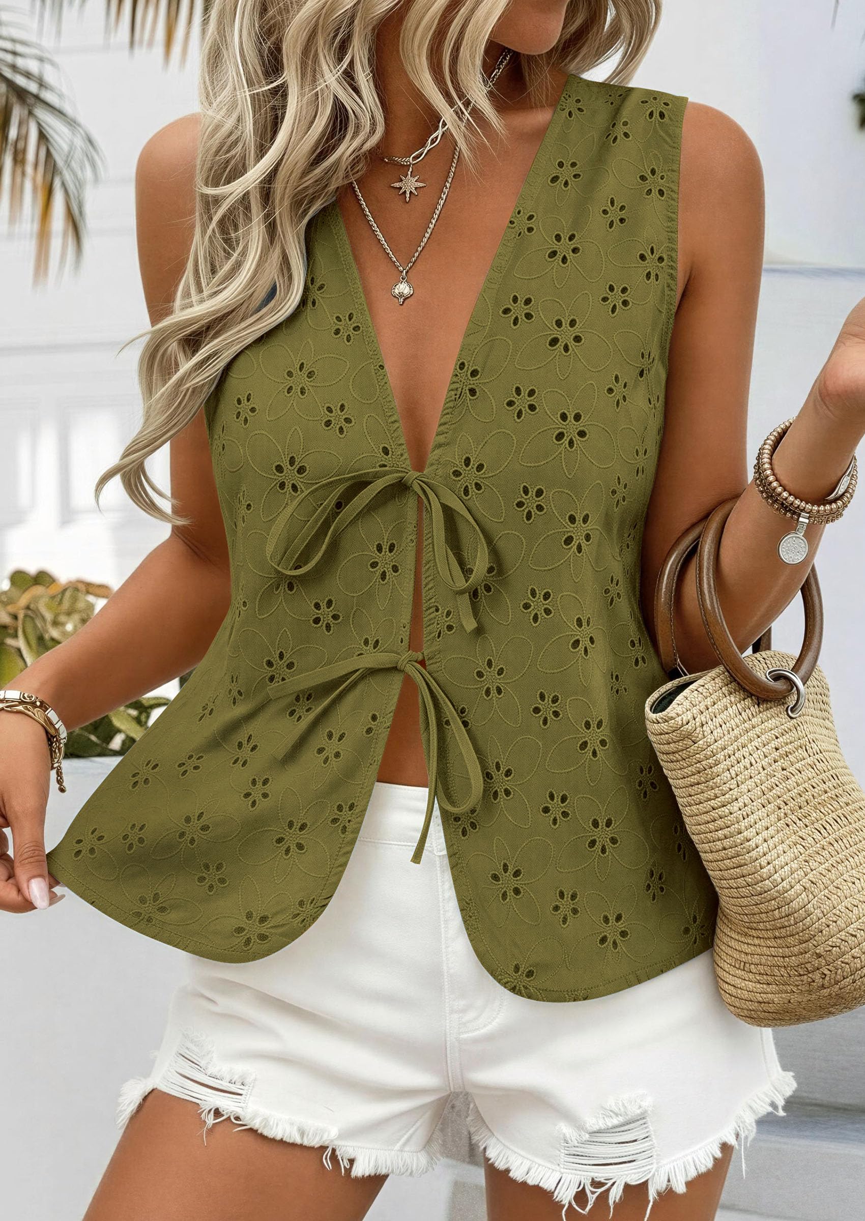 Women's Summer Eyelet Lace Tie Front Vest Tops (Army Green,S)