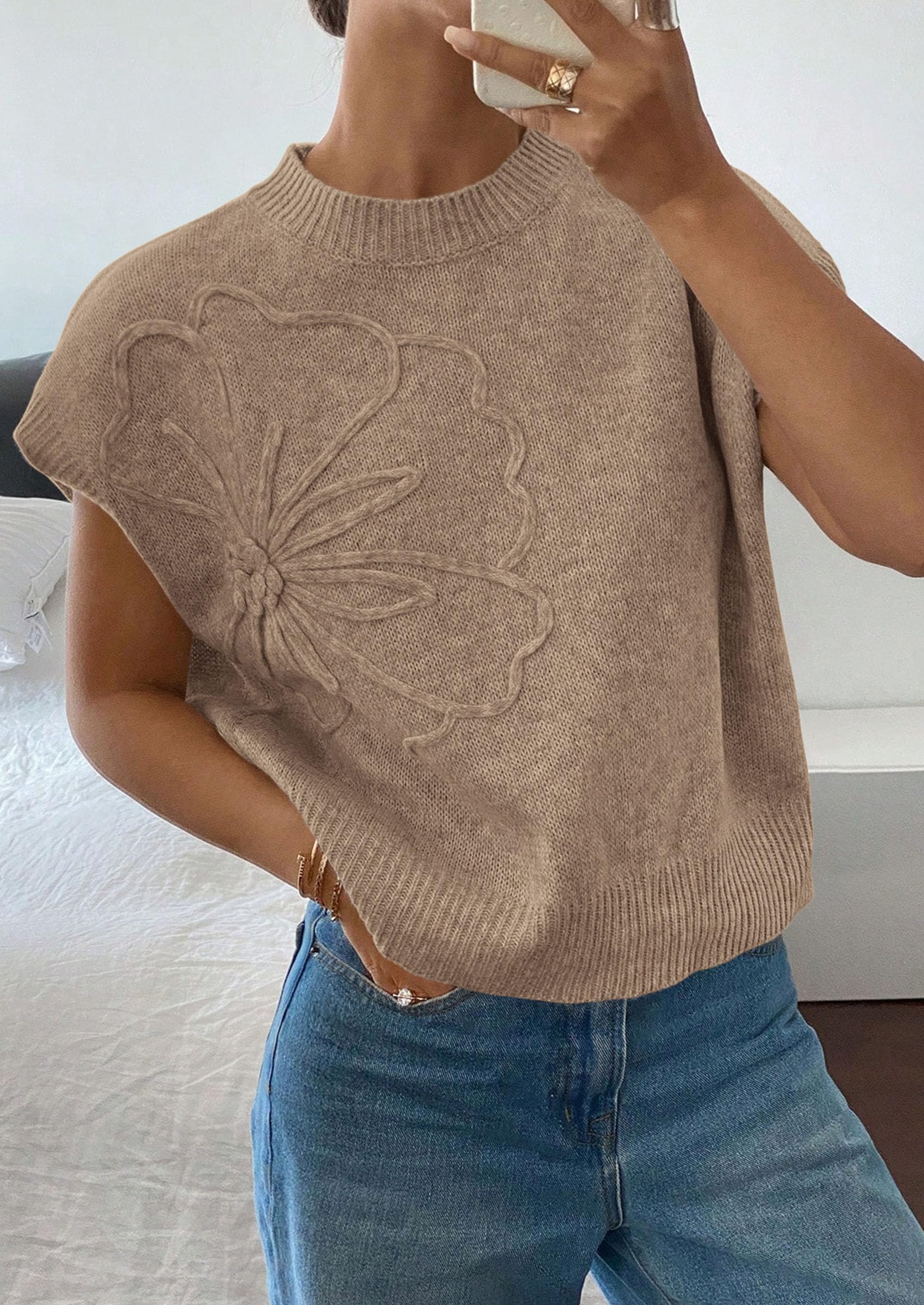 Women's Summer Short Cap Sleeve Sweater Vest (Grey Khaki,S)