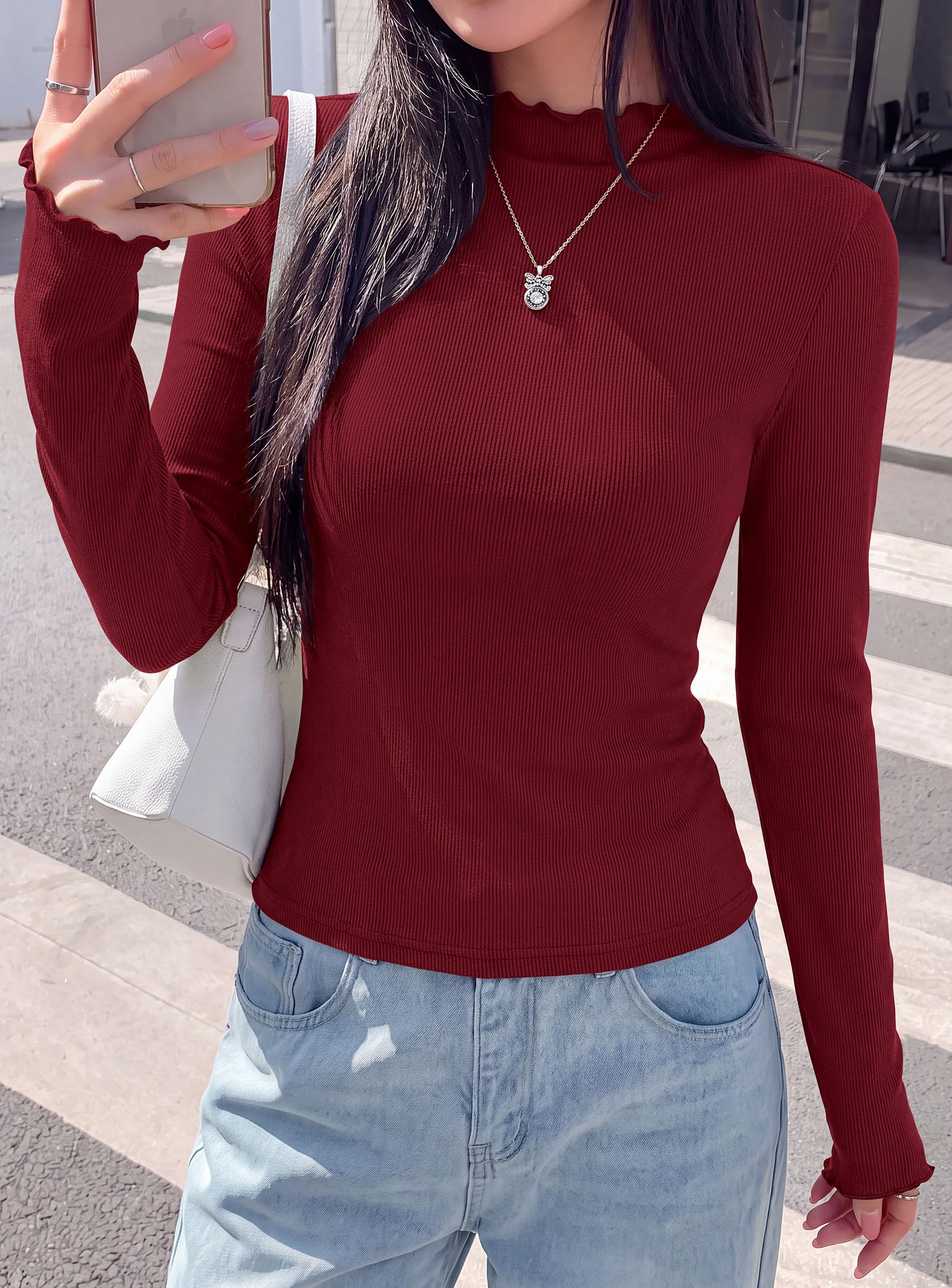 Women's Long Sleeve T Shirts Lettuce Trim Mock Neck Tops