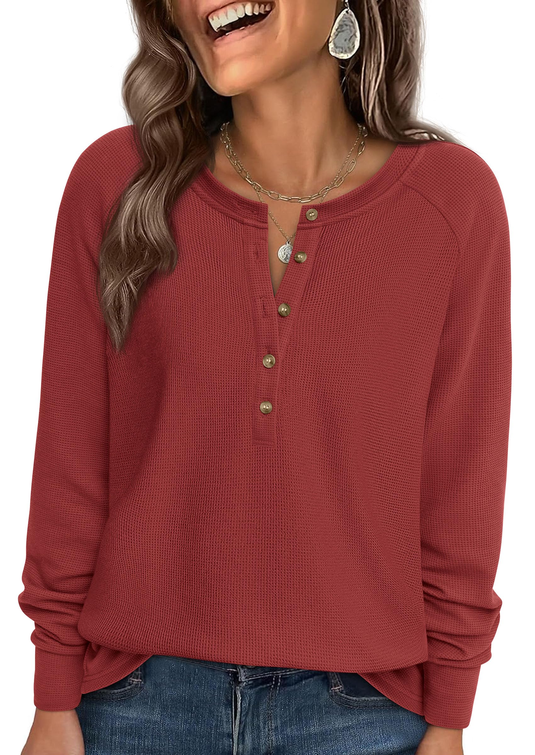 Women's Long Sleeve Waffle Knit Henley Shirts Loose Tunic Tops